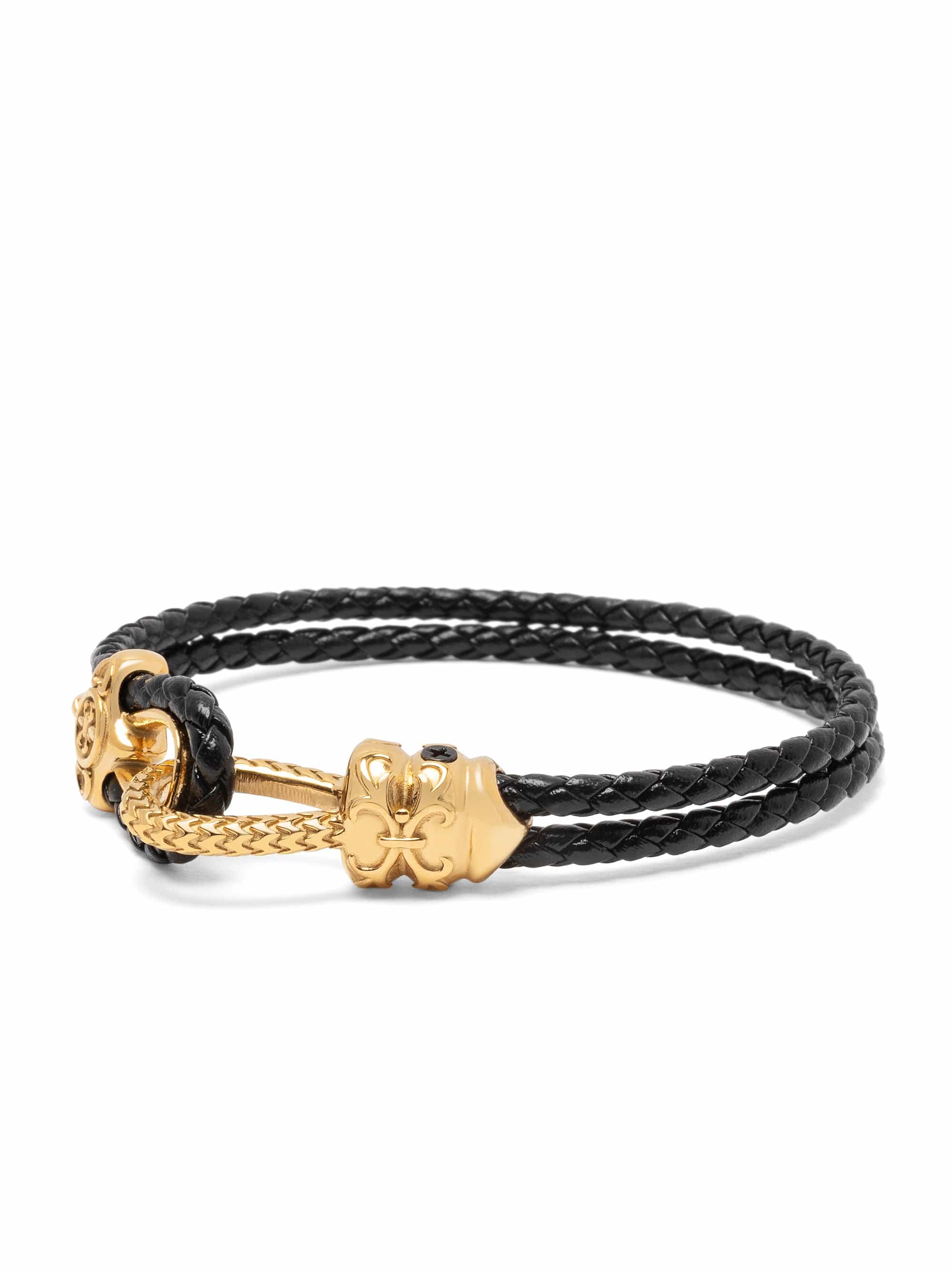 Nialaya Men's Leather Bracelet Black Leather Bracelet with Gold Rope Clasp Black Leather Bracelet with Gold Rope Clasp