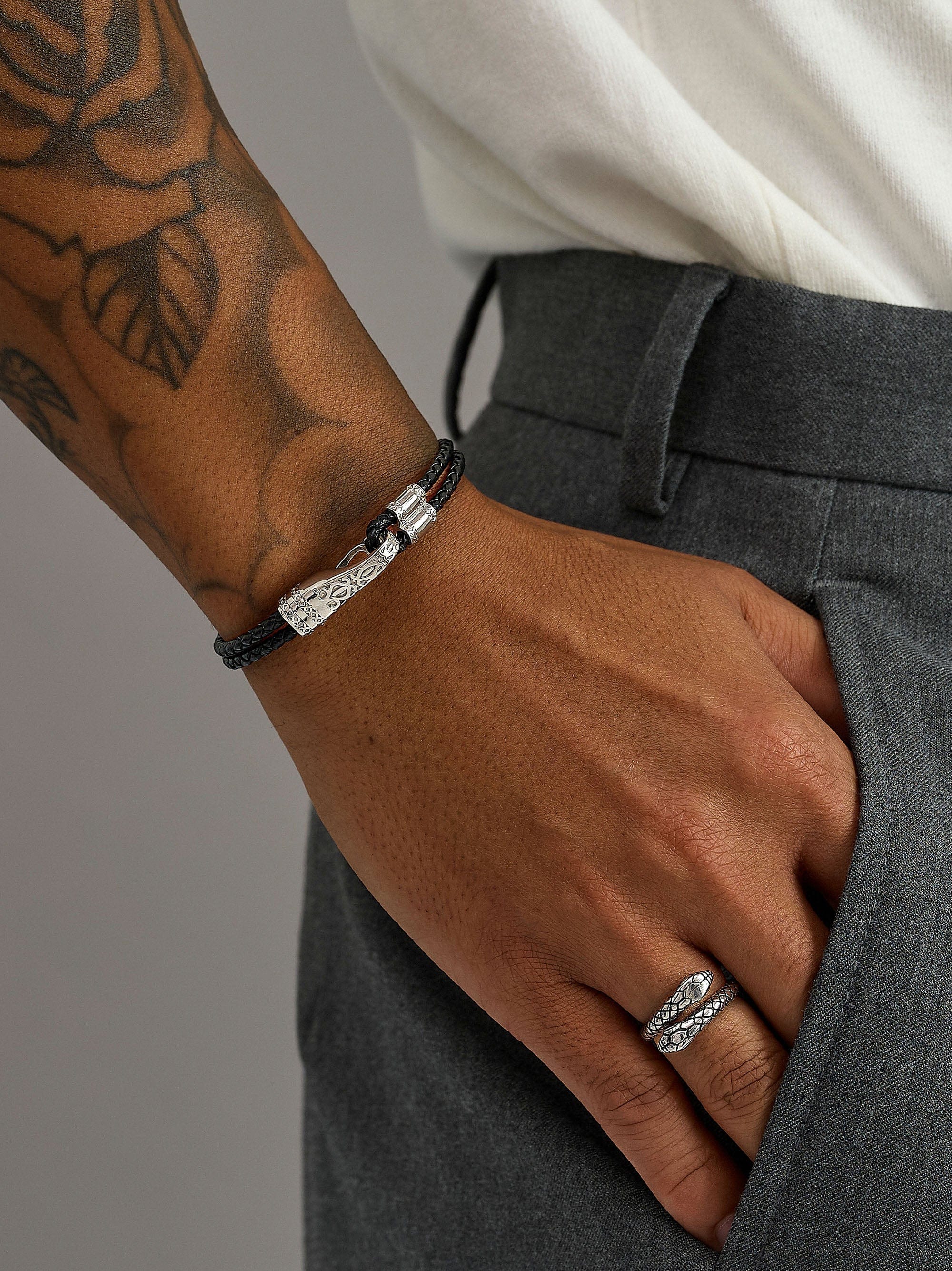 Nialaya Men's Leather Bracelet Black Leather Bracelet with Silver Clasp Black Leather Bracelet with Silver Clasp