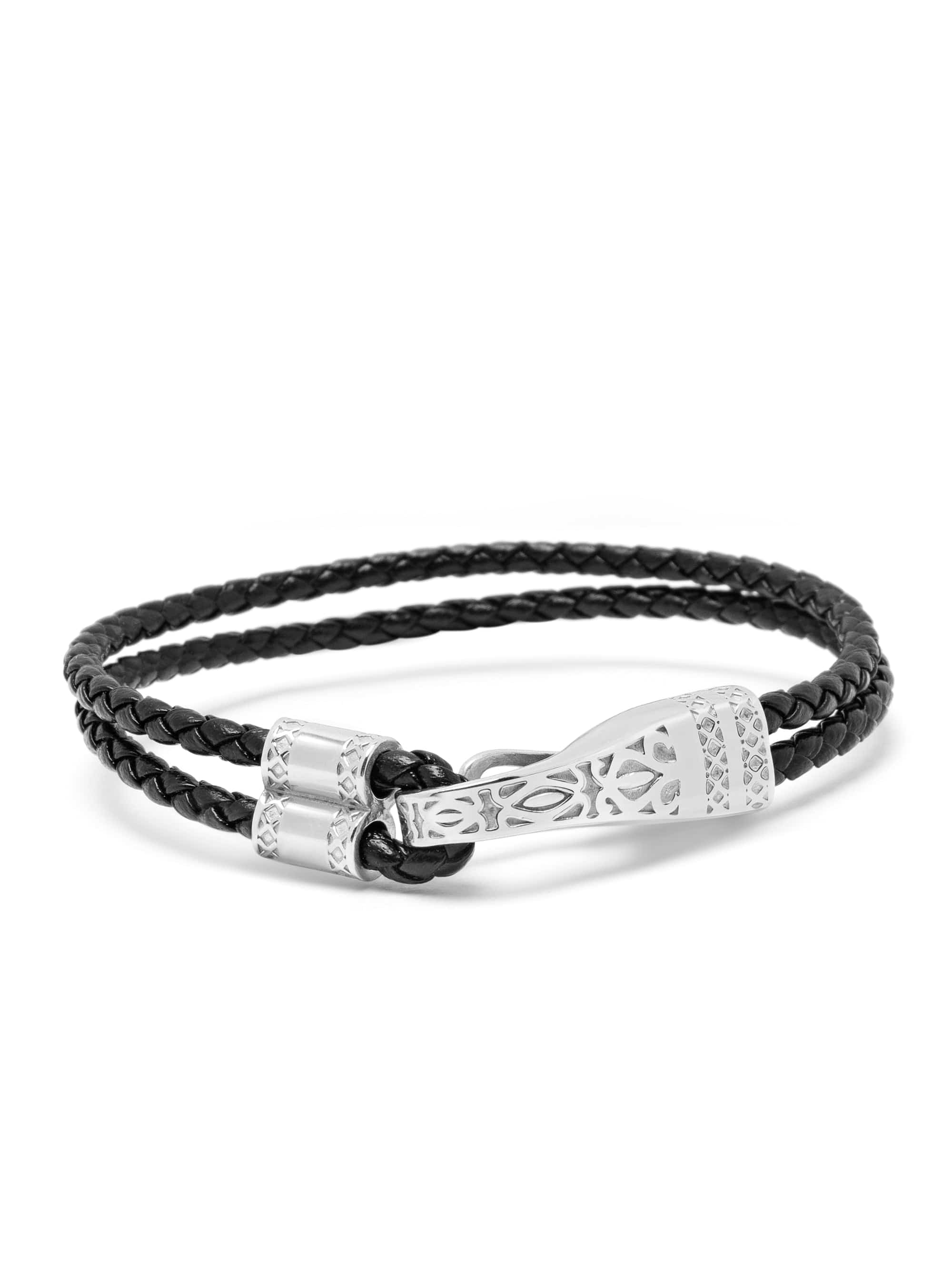 Nialaya Men's Leather Bracelet Black Leather Bracelet with Silver Clasp Lock Black Leather Bracelet with Silver Clasp Lock