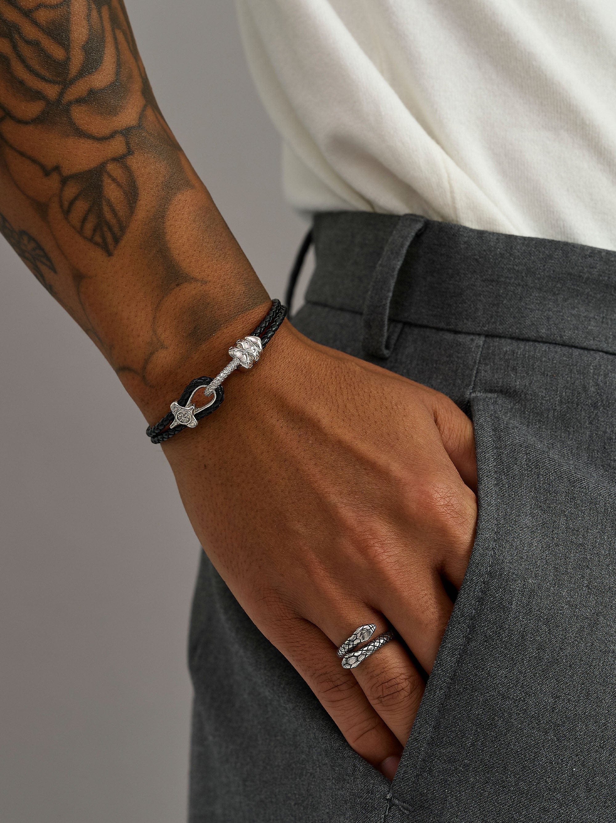 Nialaya Men's Leather Bracelet Black Leather Bracelet with Silver Rope Clasp Black Leather Bracelet with Silver Rope Clasp