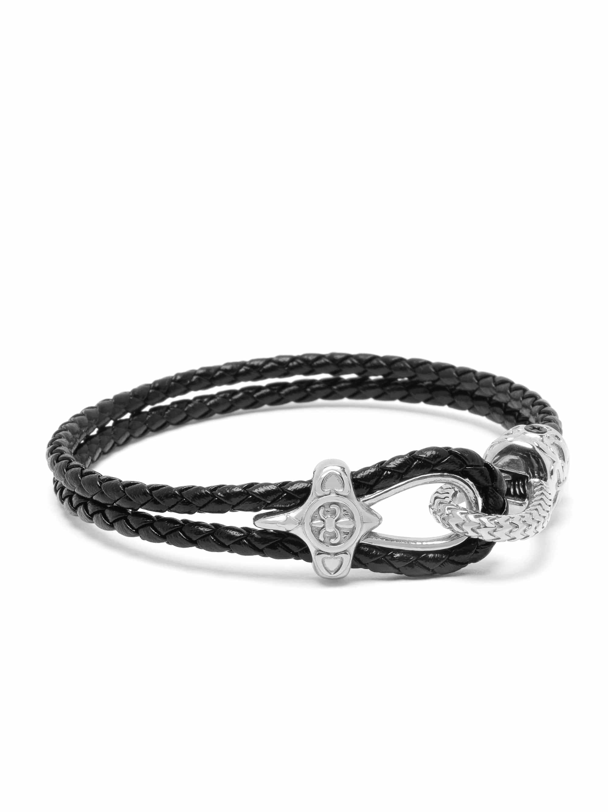 Nialaya Men's Leather Bracelet Black Leather Bracelet with Silver Rope Clasp Black Leather Bracelet with Silver Rope Clasp
