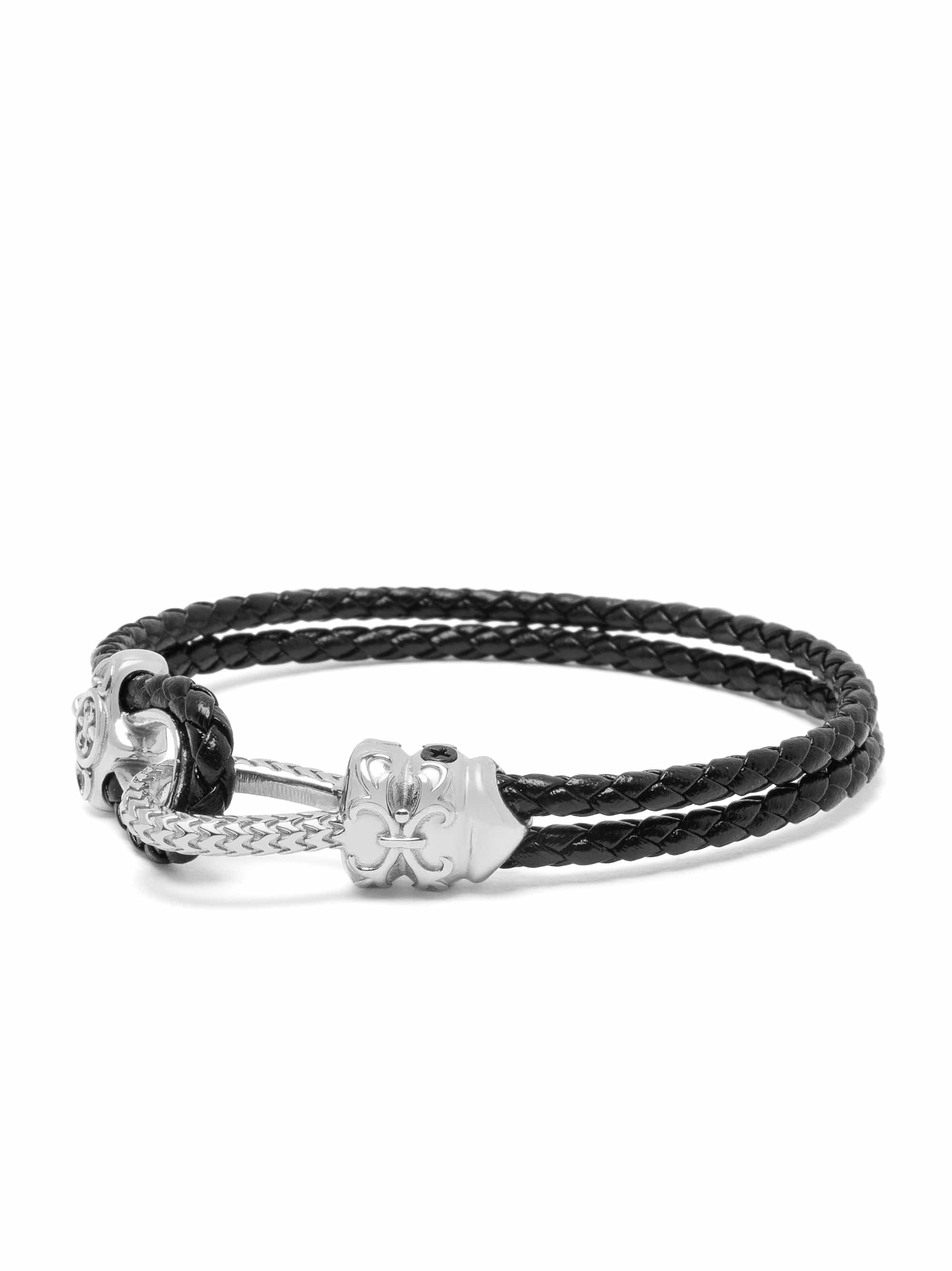 Nialaya Men's Leather Bracelet Black Leather Bracelet with Silver Rope Clasp Black Leather Bracelet with Silver Rope Clasp