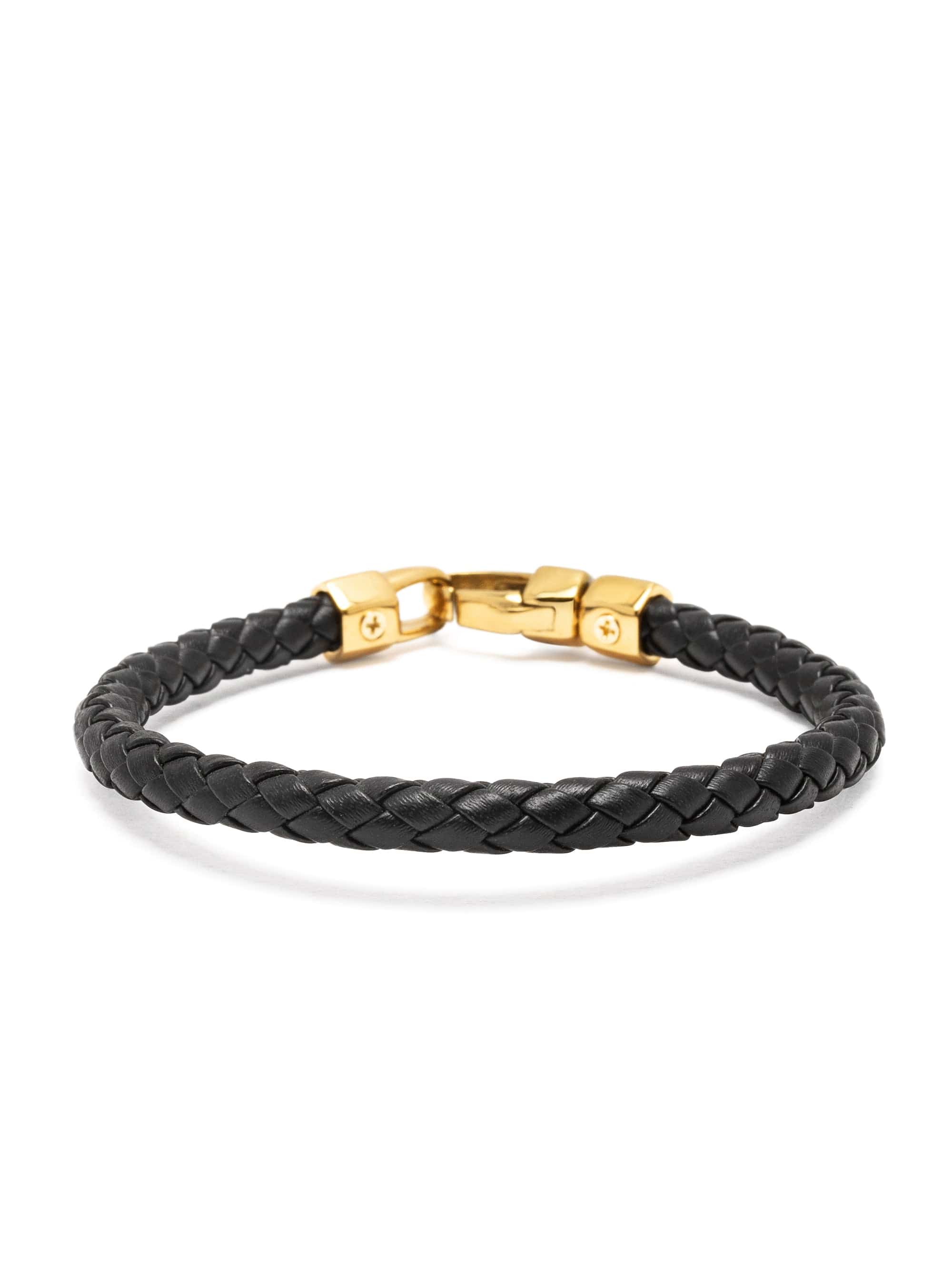 Nialaya Men's Leather Bracelet Braided Black Leather Bracelet with Gold Braided Black Leather Bracelet with Gold