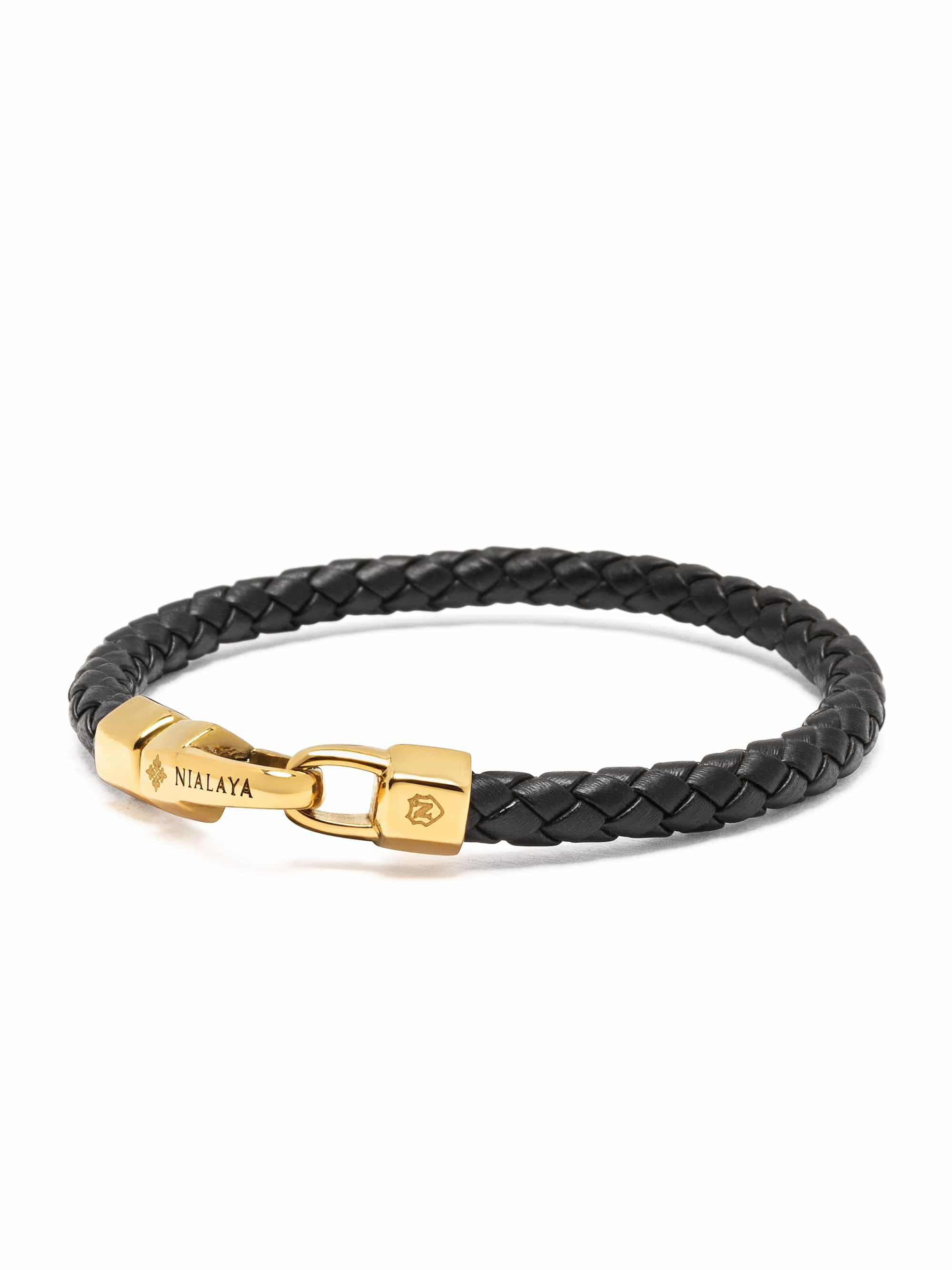 Nialaya Men's Leather Bracelet Braided Black Leather Bracelet with Gold Braided Black Leather Bracelet with Gold