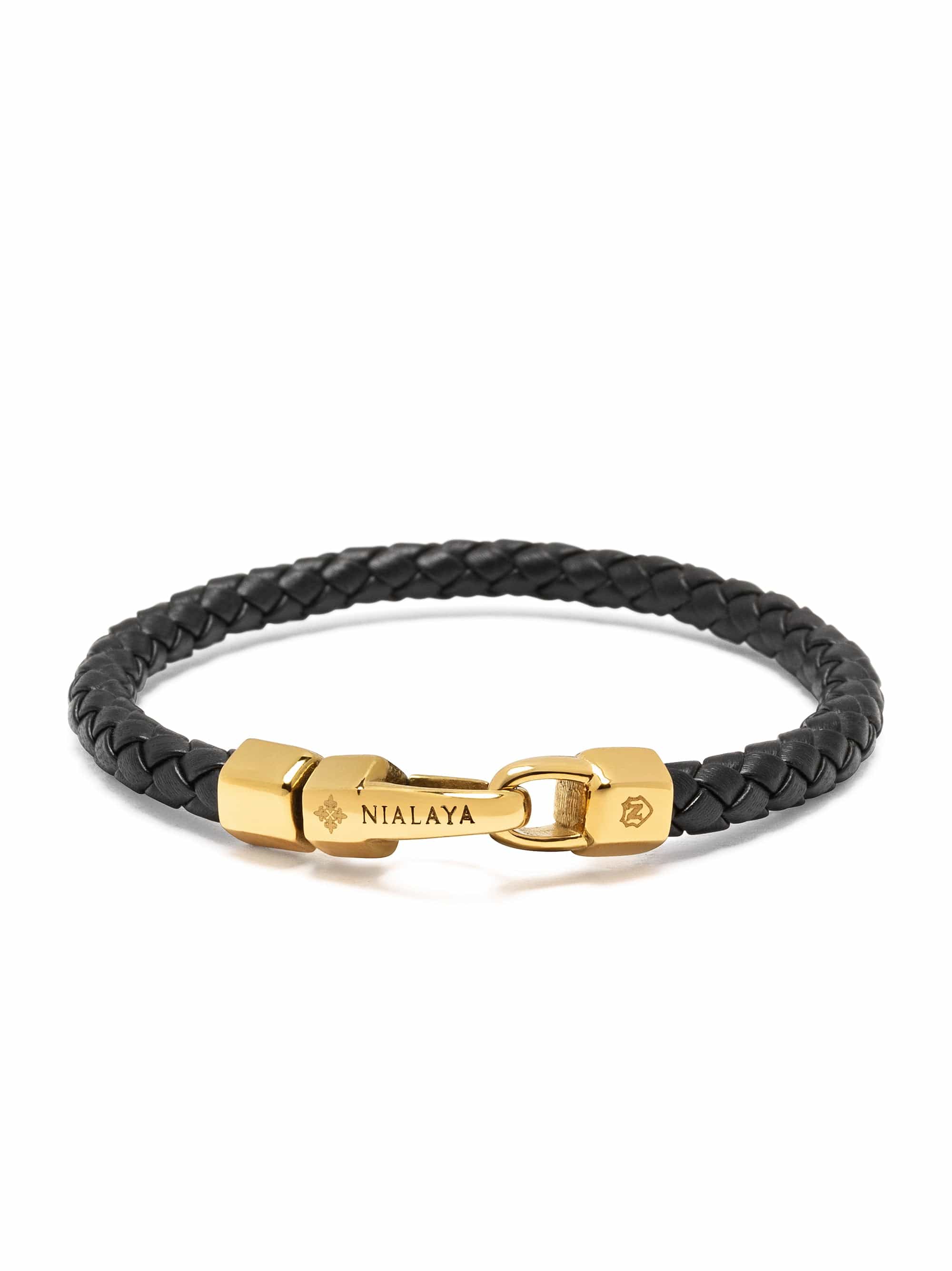 Nialaya Men's Leather Bracelet Braided Black Leather Bracelet with Gold Braided Black Leather Bracelet with Gold