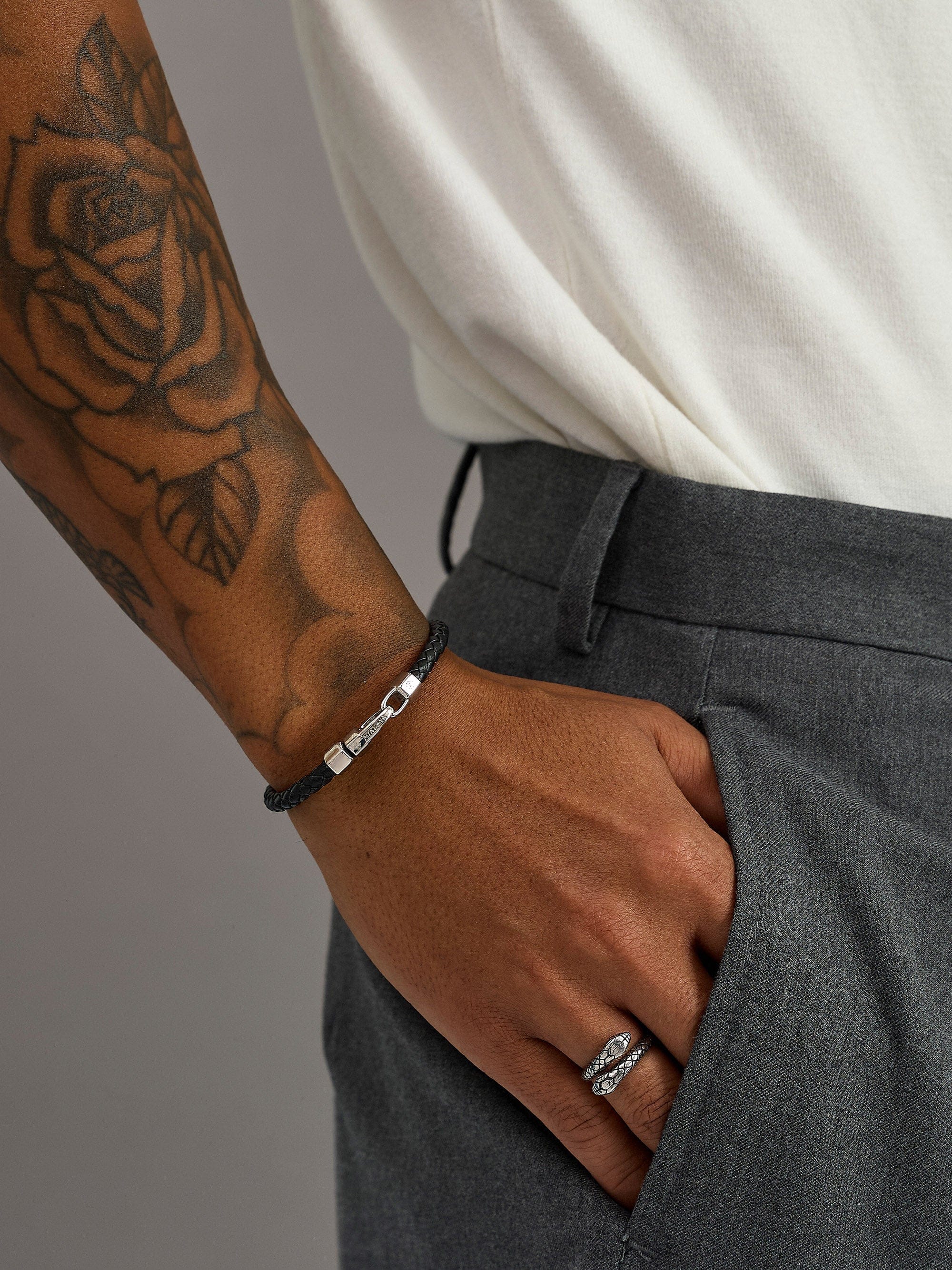 Nialaya Men's Leather Bracelet Braided Black Leather Bracelet with Silver Braided Black Leather Bracelet with Silver