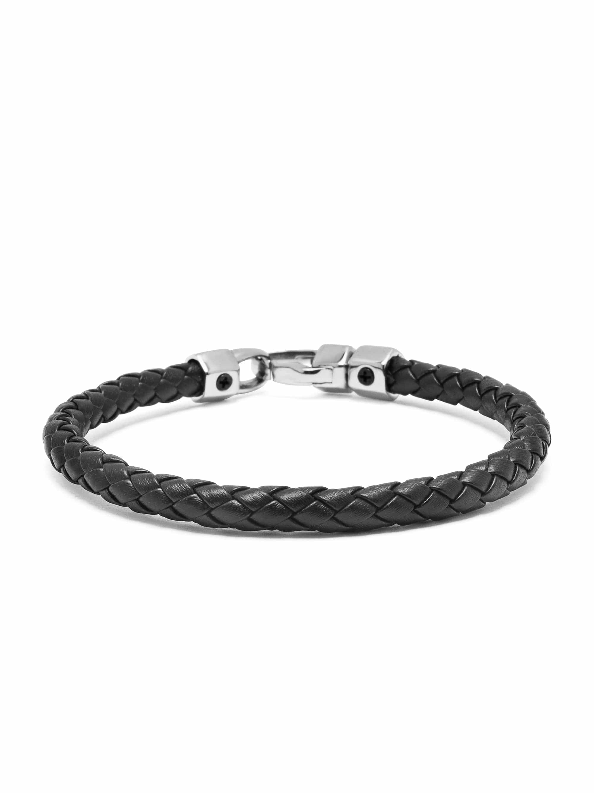 Nialaya Men's Leather Bracelet Braided Black Leather Bracelet with Silver Braided Black Leather Bracelet with Silver
