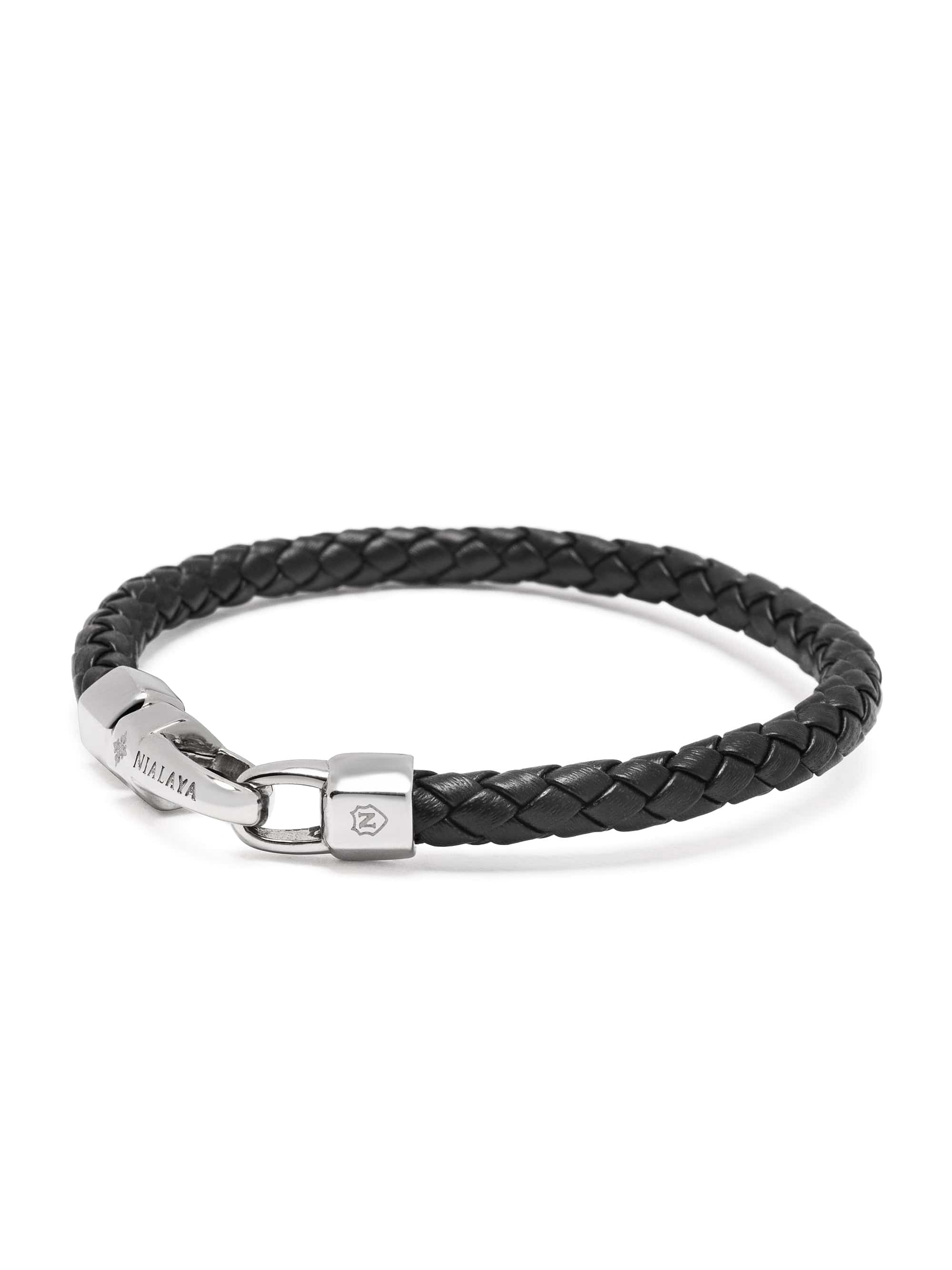 Nialaya Men's Leather Bracelet Braided Black Leather Bracelet with Silver Braided Black Leather Bracelet with Silver