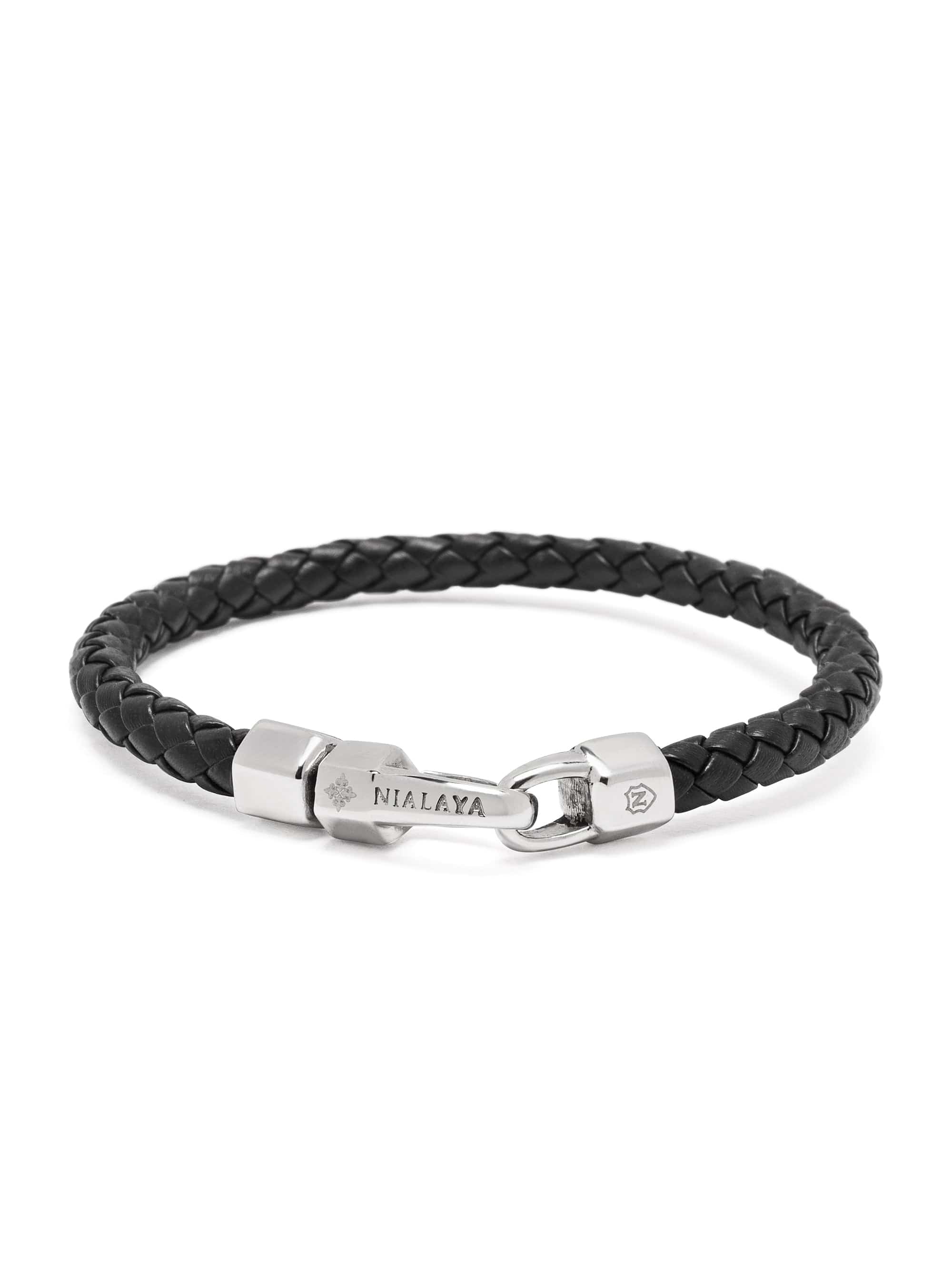 Nialaya Men's Leather Bracelet Braided Black Leather Bracelet with Silver Braided Black Leather Bracelet with Silver