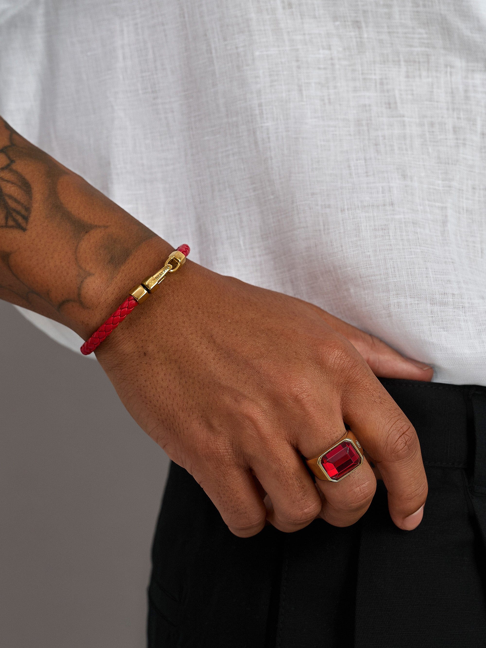 Nialaya Men's Leather Bracelet Braided Red Leather Bracelet with Gold Braided Red Leather Bracelet with Gold