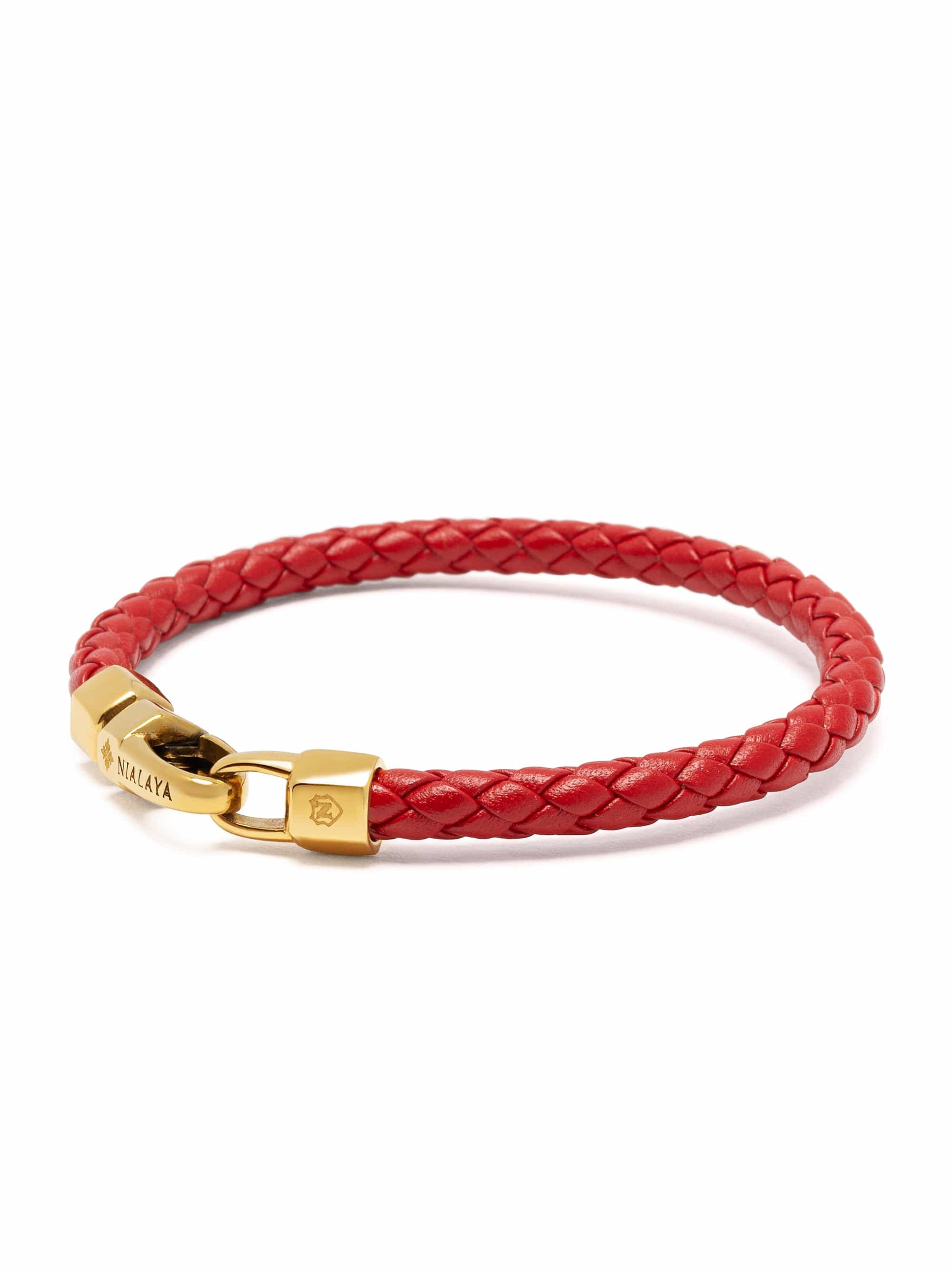 Nialaya Men's Leather Bracelet Braided Red Leather Bracelet with Gold Braided Red Leather Bracelet with Gold