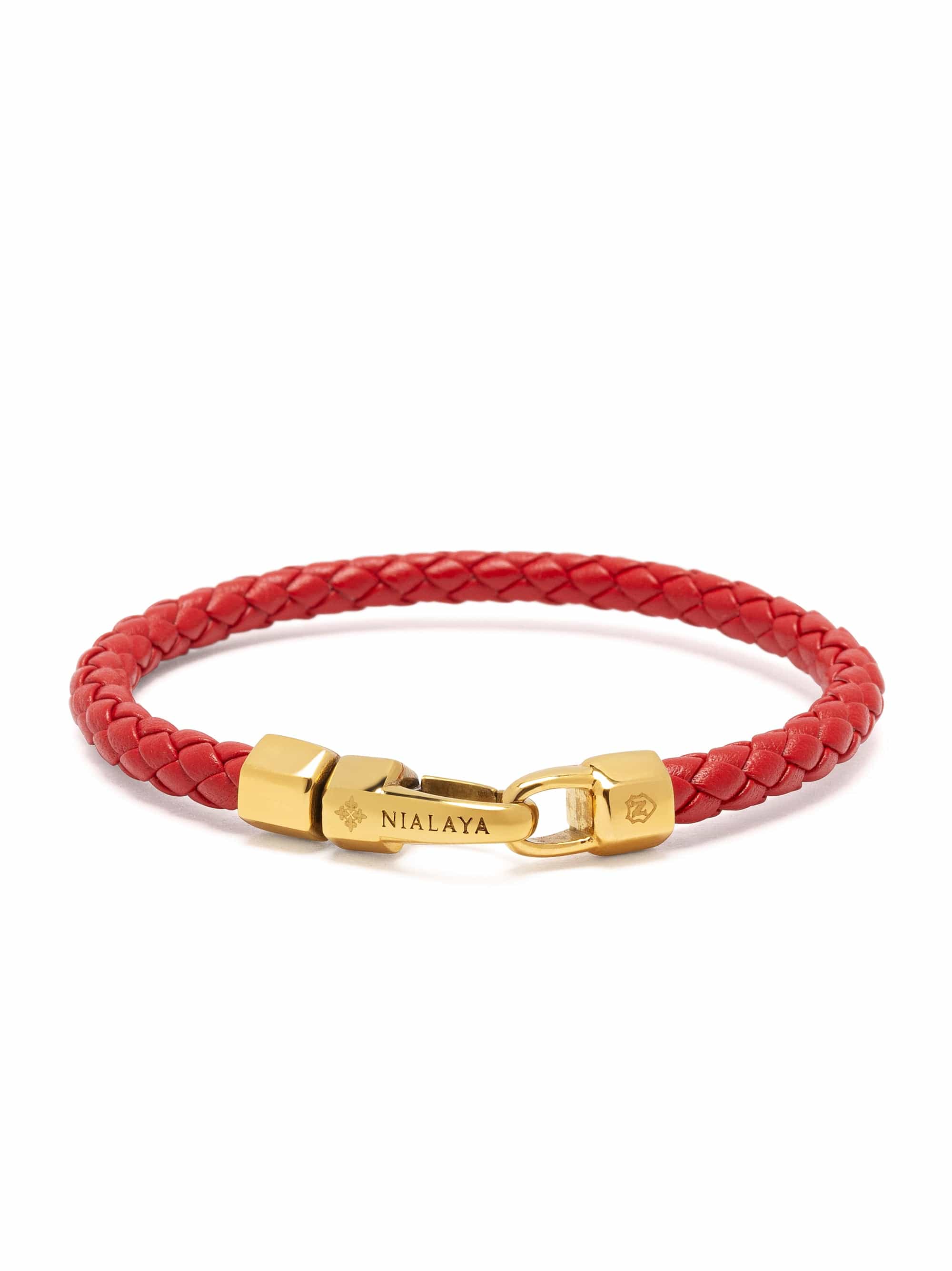 Nialaya Men's Leather Bracelet Braided Red Leather Bracelet with Gold Braided Red Leather Bracelet with Gold