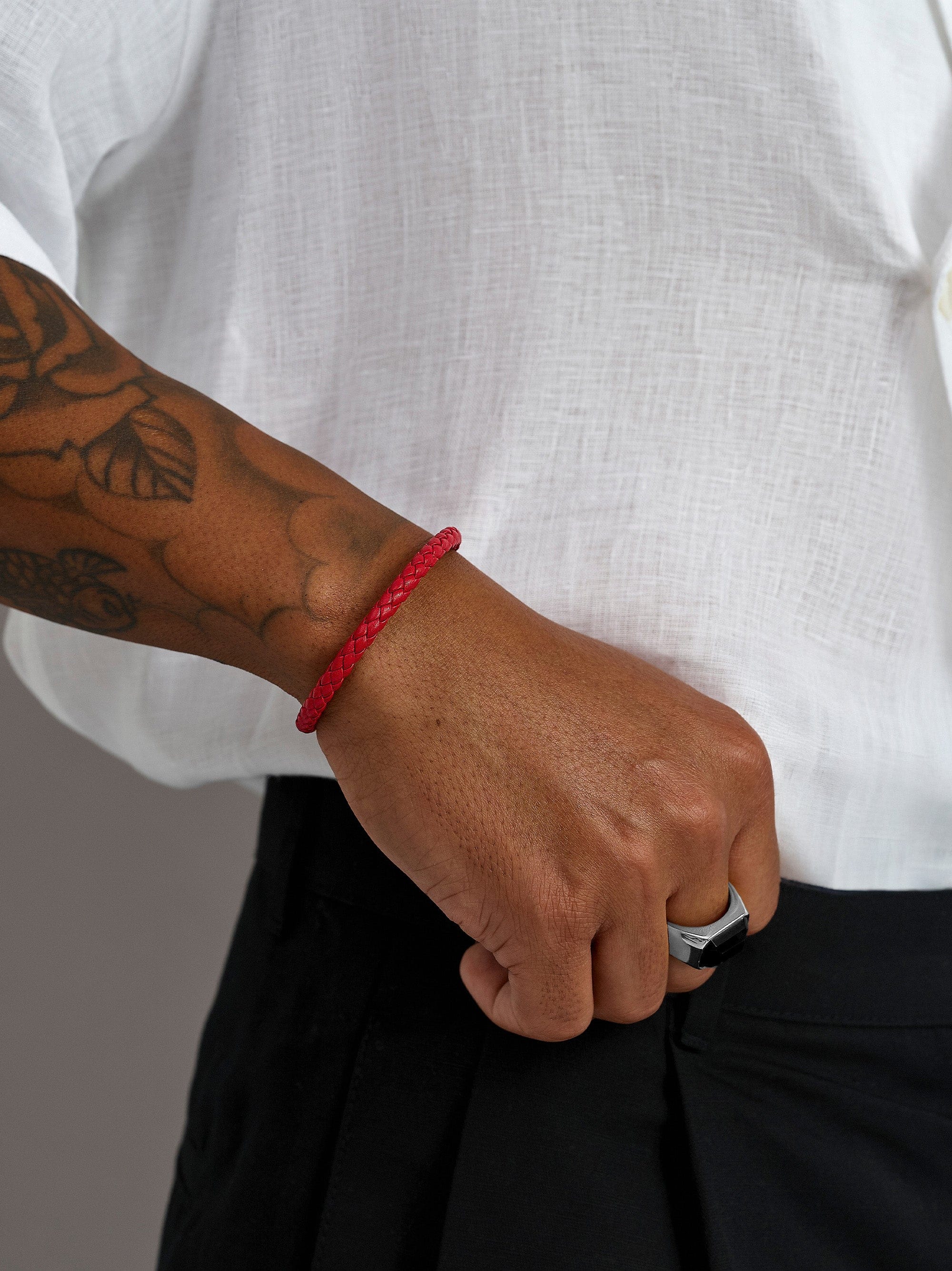 Nialaya Men's Leather Bracelet Braided Red Leather Bracelet with Silver Braided Red Leather Bracelet with Silver