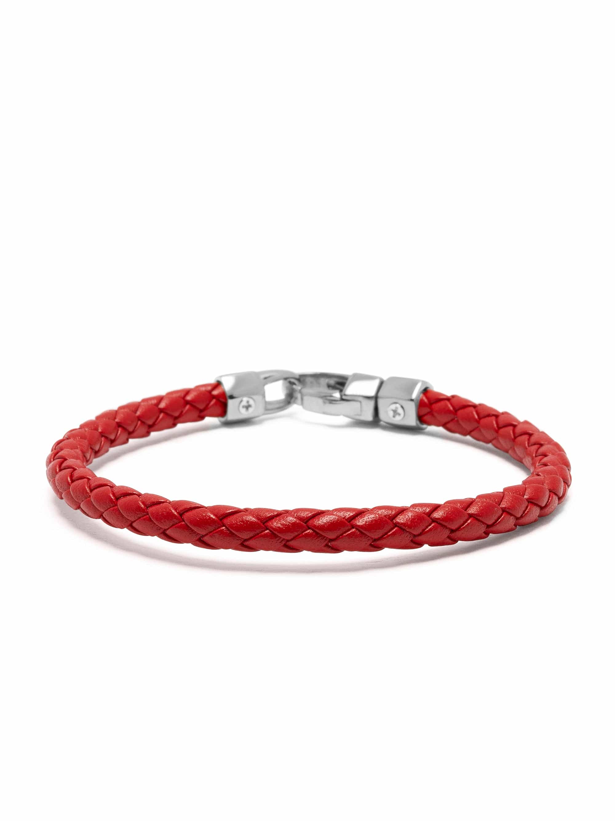 Nialaya Men's Leather Bracelet Braided Red Leather Bracelet with Silver Braided Red Leather Bracelet with Silver