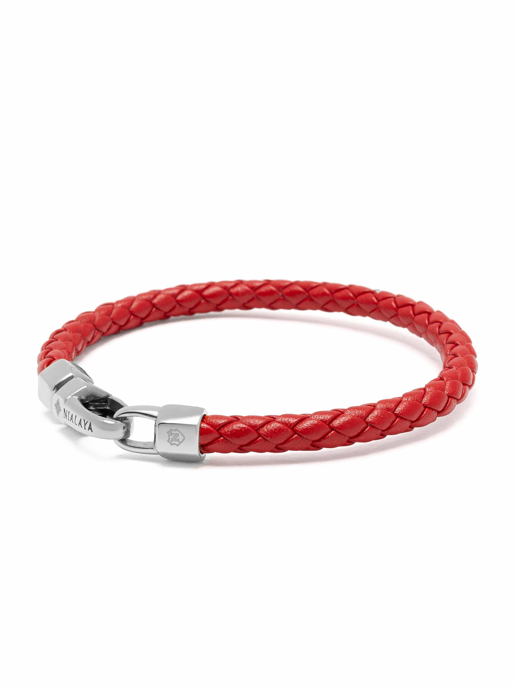 Nialaya Men's Leather Bracelet Braided Red Leather Bracelet with Silver Braided Red Leather Bracelet with Silver