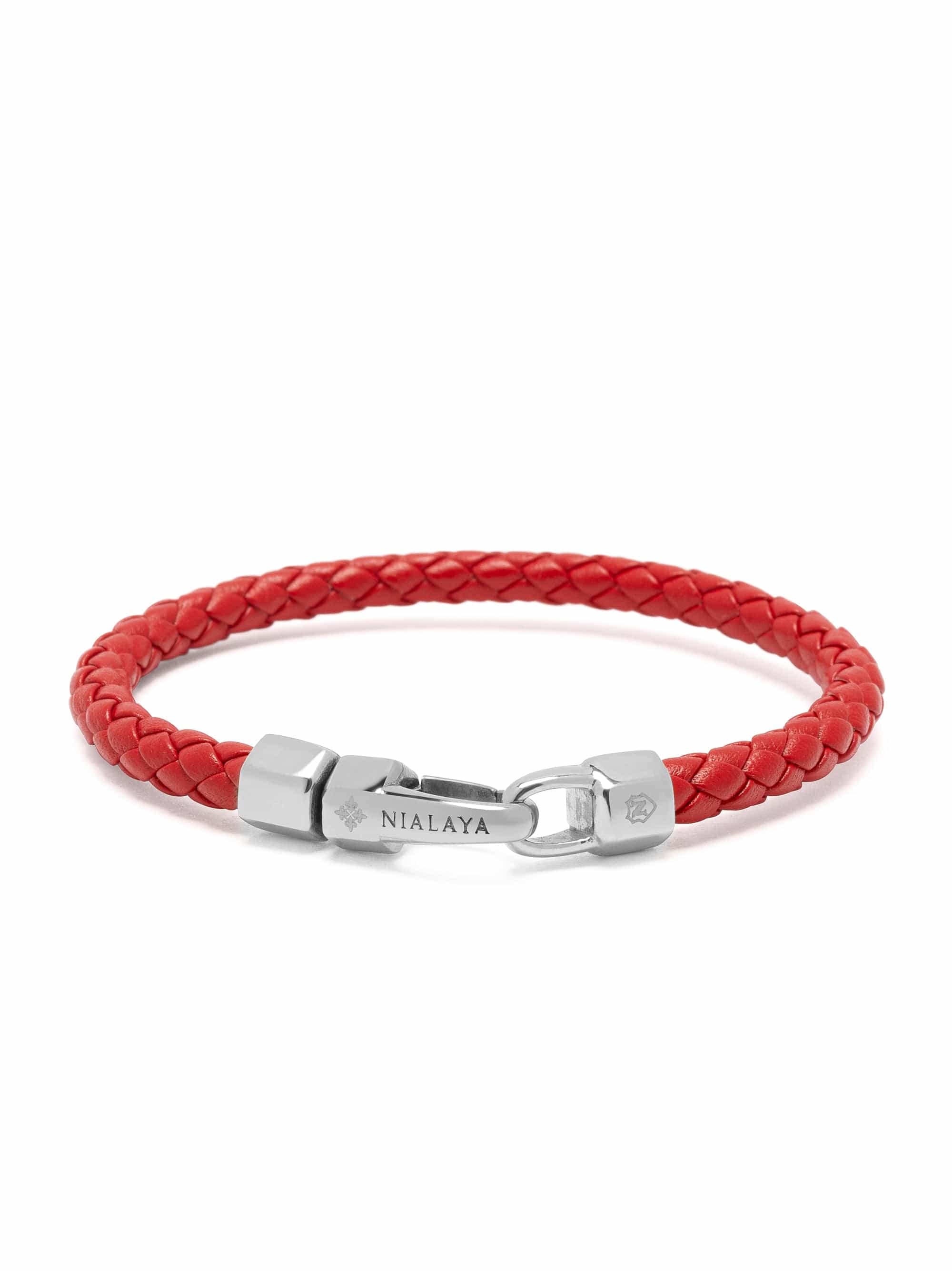 Nialaya Men's Leather Bracelet Braided Red Leather Bracelet with Silver Braided Red Leather Bracelet with Silver