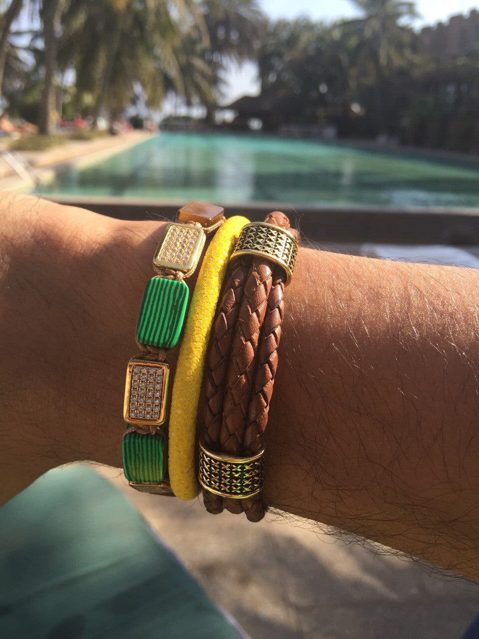 Nialaya Men's Leather Bracelet Leather Collection Brown Three Cord With Two Gold Beads Leather Collection