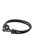 Nialaya Men's Leather Bracelet Men's Black Leather Bracelet with Black Rhodium Hook Clasp