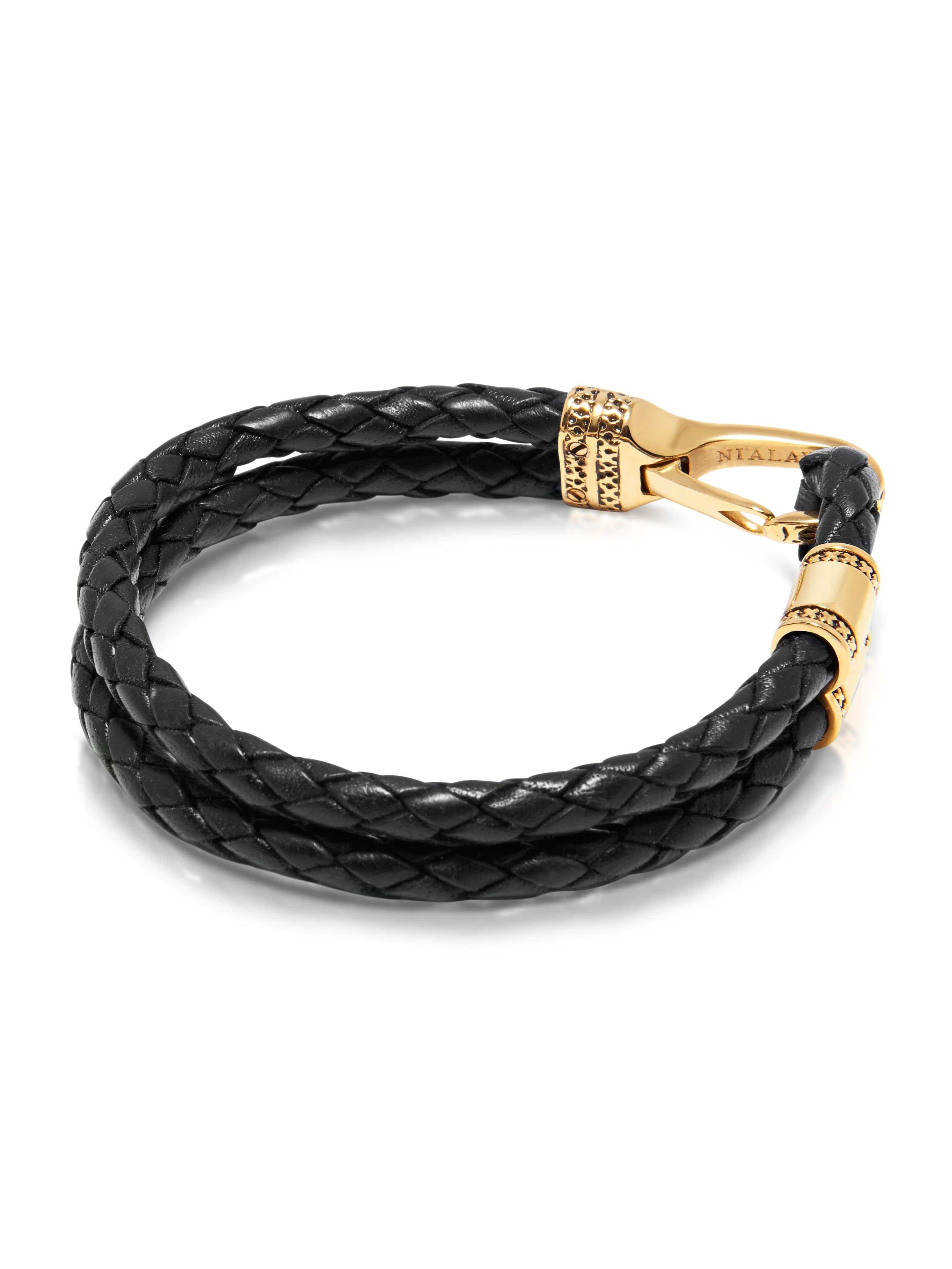 Black leather and gold mens bracelet discount
