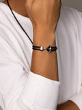 Nialaya Men's Leather Bracelet Men's Black Leather Bracelet with Silver Anchor