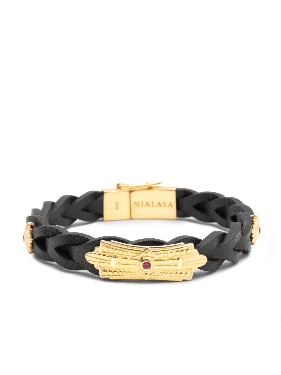 Nialaya Men's Leather Bracelet Men's Braided Leather Bracelet with Gold Sterling Silver Detail