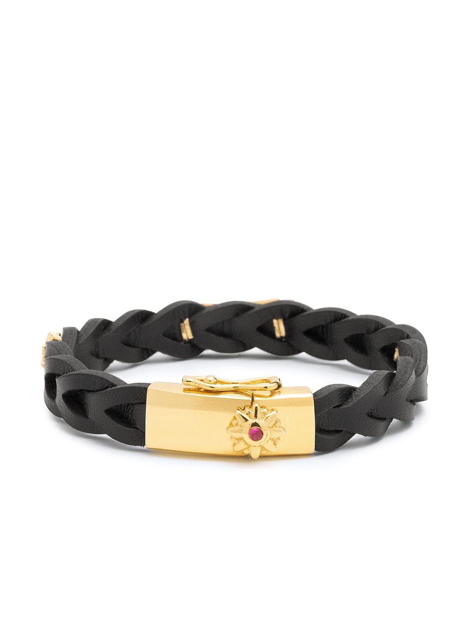 Nialaya Men's Leather Bracelet Men's Braided Leather Bracelet with Gold Sterling Silver Detail