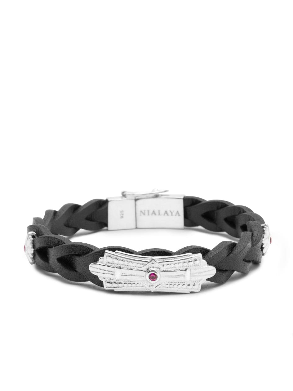 Nialaya Men's Leather Bracelet Men's Braided Leather Bracelet with Sterling Silver Detail