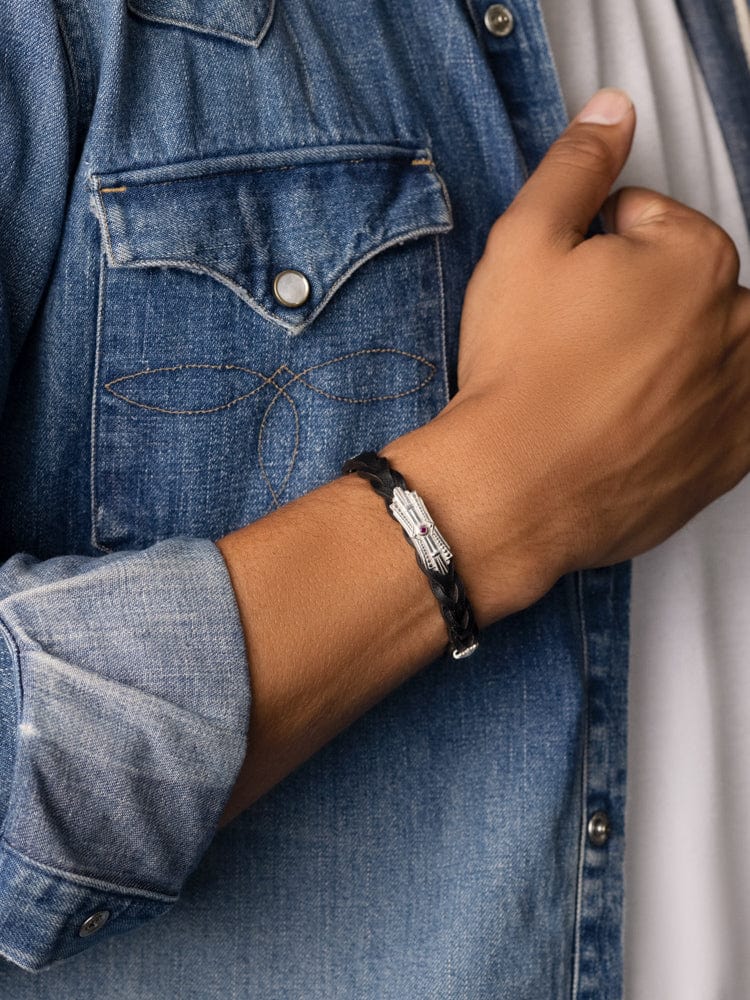 Nialaya Men's Leather Bracelet Men's Braided Leather Bracelet with Sterling Silver Detail
