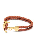 Men's Brown Leather Bracelet with Gold Anchor