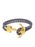 Men's Grey Leather Bracelet with Gold Anchor