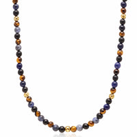 Beaded Necklace with Dumortierite, Brown Tiger Eye, and Gold