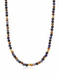 Beaded Necklace with Dumortierite, Brown Tiger Eye, and Gold