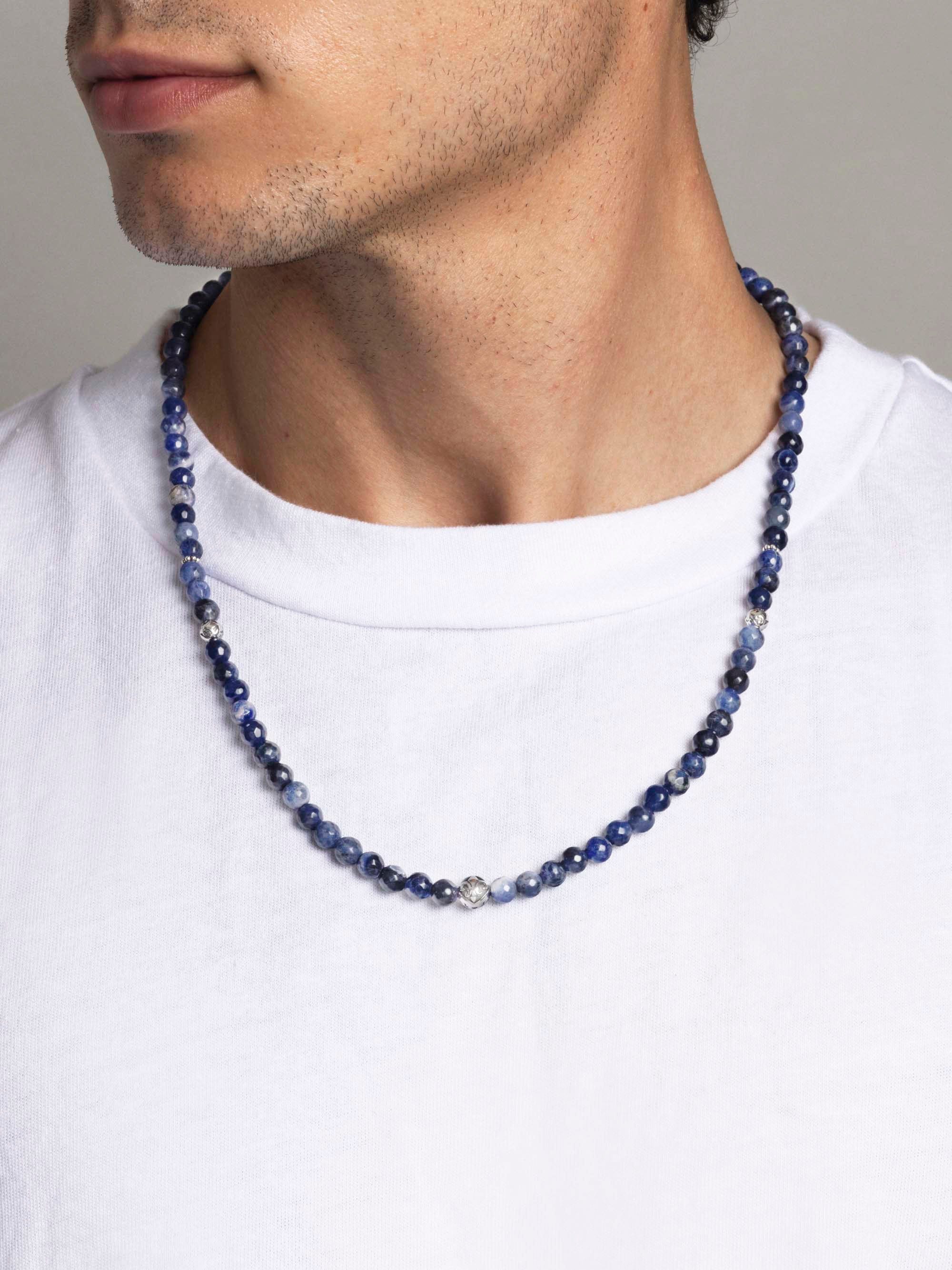 Nialaya Men's Necklace Beaded Necklace with Faceted Dumortierite and Silver 24 Inches / 60.96 cm MNEC_286