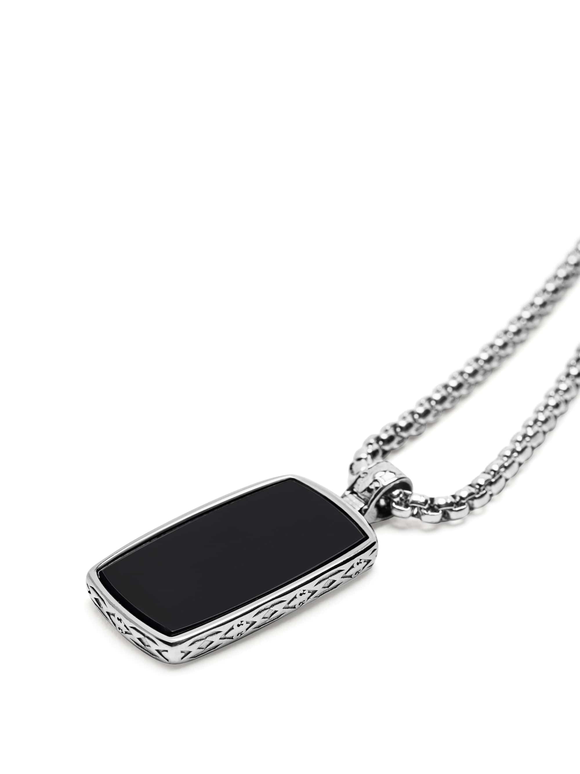 Nialaya Men's Necklace Black Onyx Dog Tag Necklace in Silver Black Onyx Dog Tag Necklace in Silver