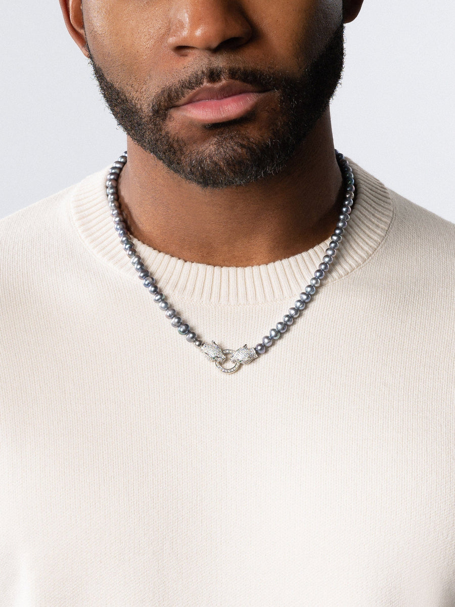 Black Pearl Choker with Double Panther Head in Silver – Nialaya