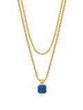 Nialaya Men's Necklace Gold Necklace Layer with 3mm Box Chain and Blue Lapis Square Necklace MNECL_011