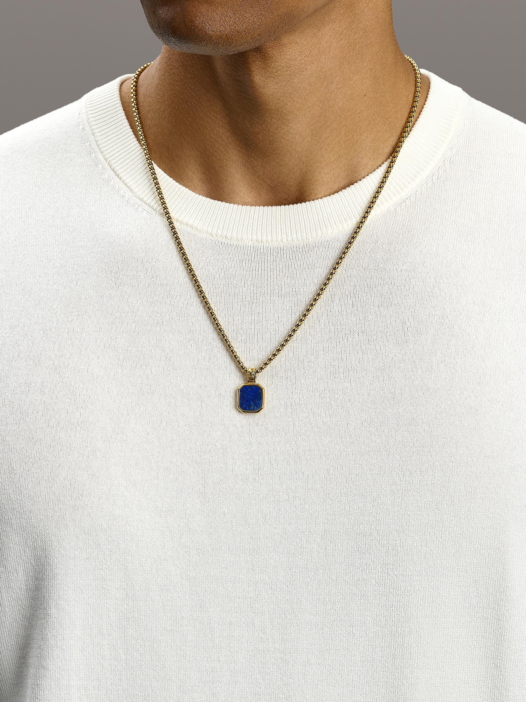 Nialaya Men's Necklace Gold Necklace with Square Blue Lapis Pendant Gold Necklace with Square Blue Lapis Pendant