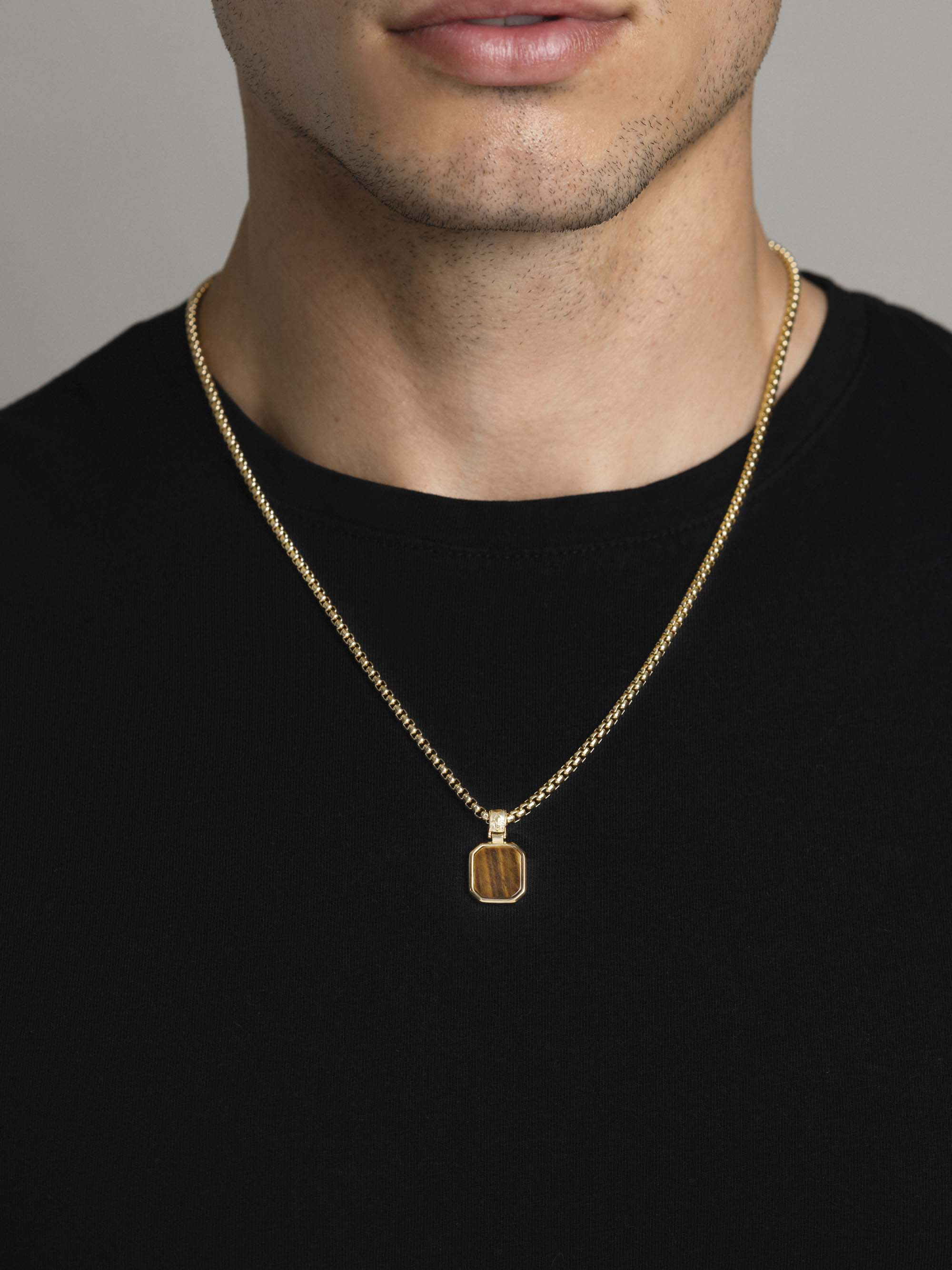 Gold Necklace with Square Brown Tiger Eye Pendant