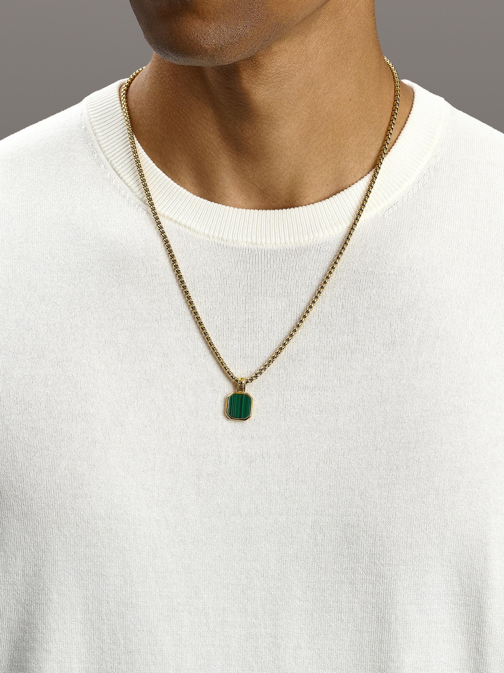 Nialaya Men's Necklace Gold Necklace with Square Malachite Pendant Gold Necklace with Square Malachite Pendant
