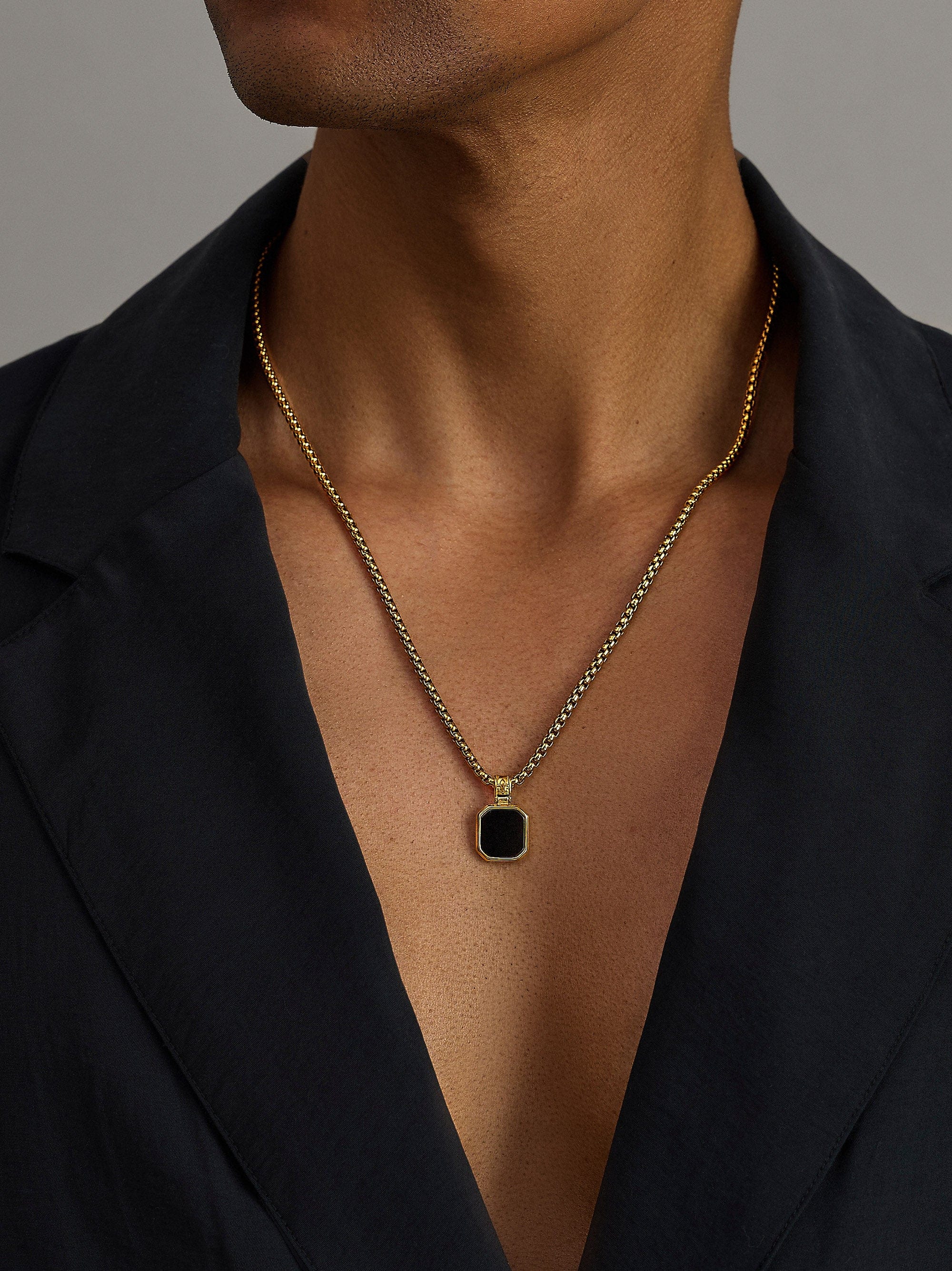 Nialaya Men's Necklace Gold Necklace with Square Onyx Pendant Gold Necklace with Square Onyx Pendant