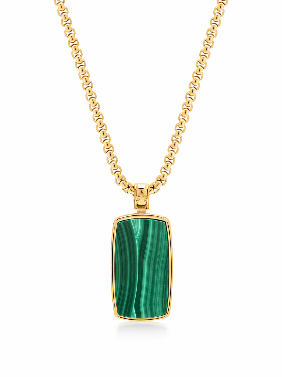 Green Malachite Dog Tag Necklace in Gold