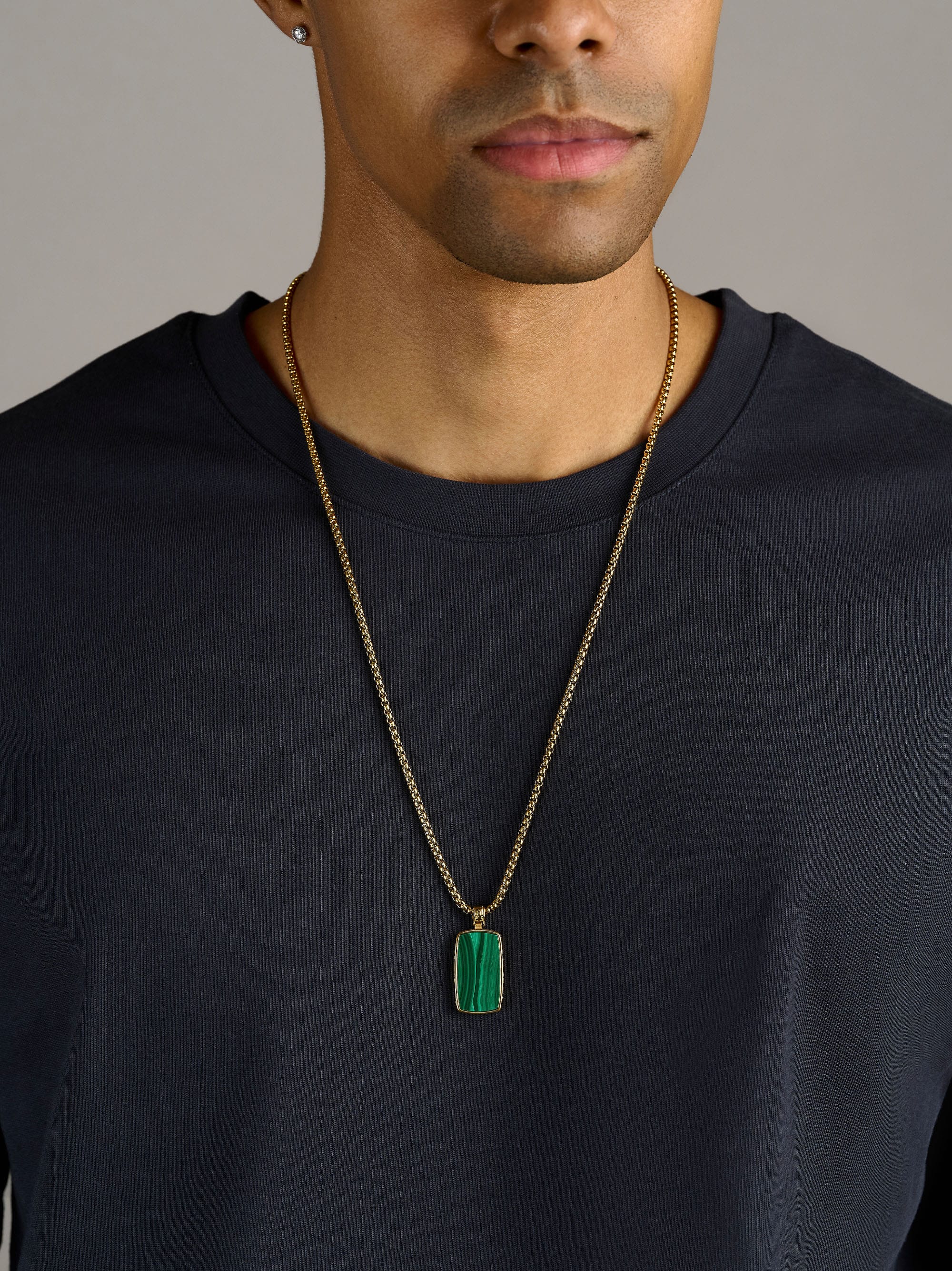 Nialaya Men's Necklace Green Malachite Dog Tag Necklace in Gold Green Malachite Dog Tag Necklace in Gold
