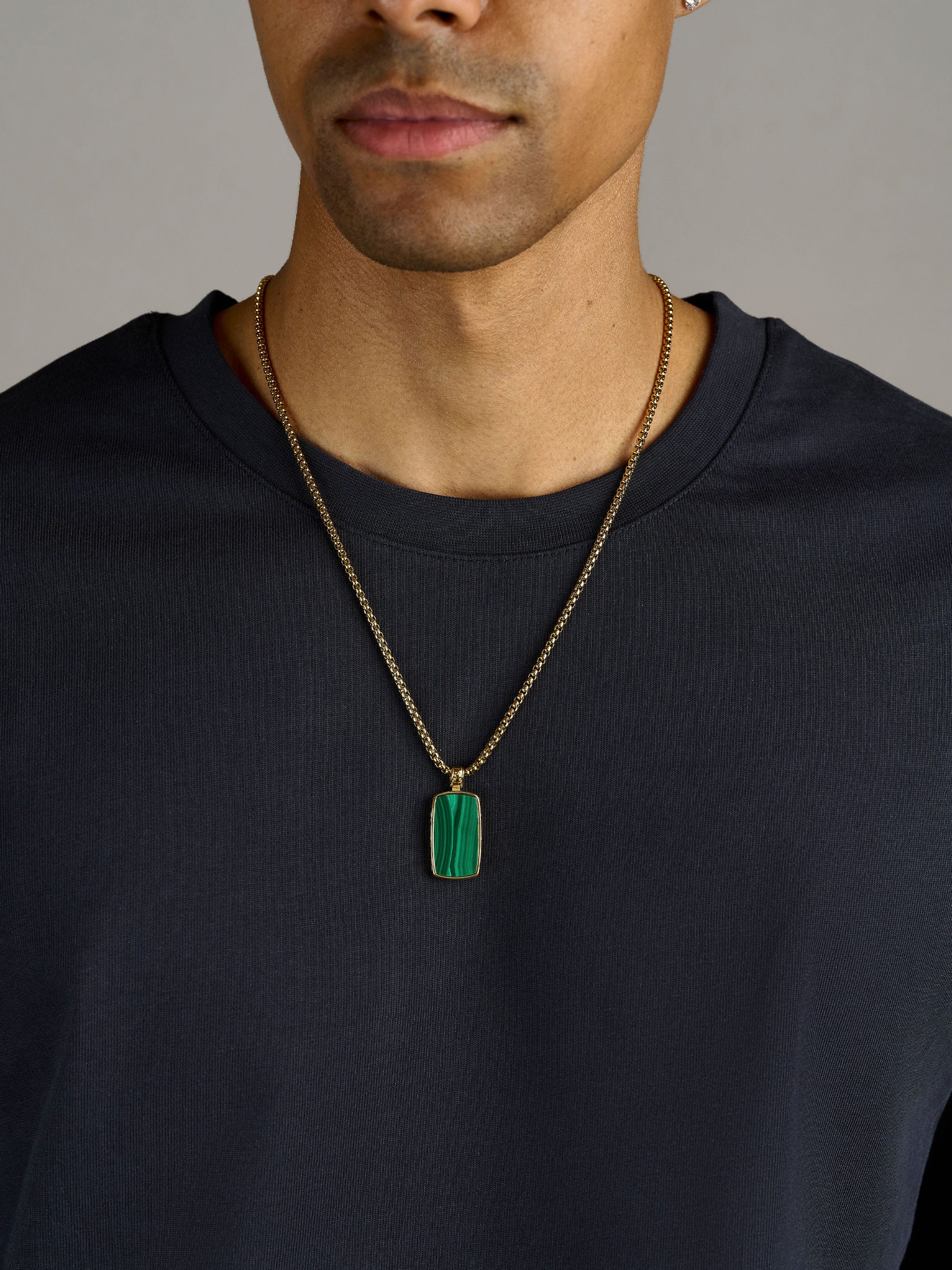 Nialaya Men's Necklace Green Malachite Dog Tag Necklace in Gold Green Malachite Dog Tag Necklace in Gold