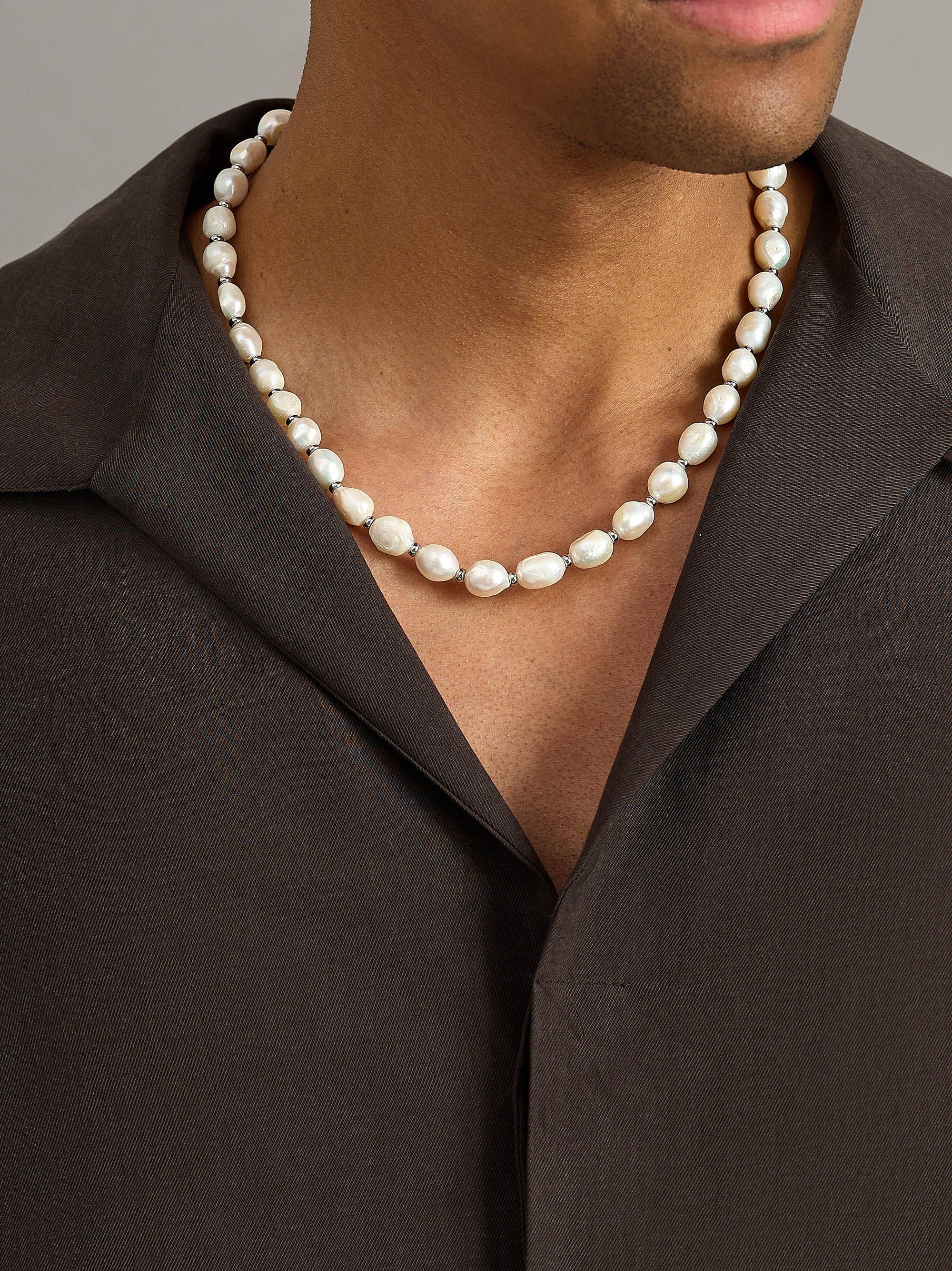 Nialaya Men's Necklace Men's Baroque Pearl Necklace with Silver Men's Baroque Pearl Necklace with Silver 20 Inches / 50.8 cm MNEC_189