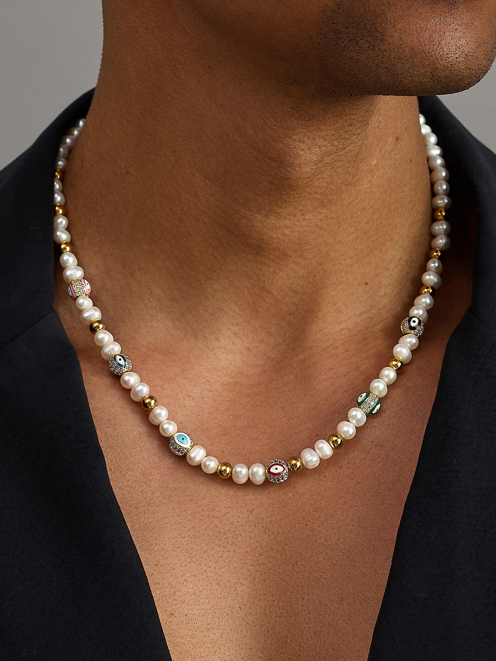 Nialaya Men's Necklace Men's Evil Eye Pearl Necklace Men's Evil Eye Pearl Necklace 20 Inches / 50.8 cm MNEC_359