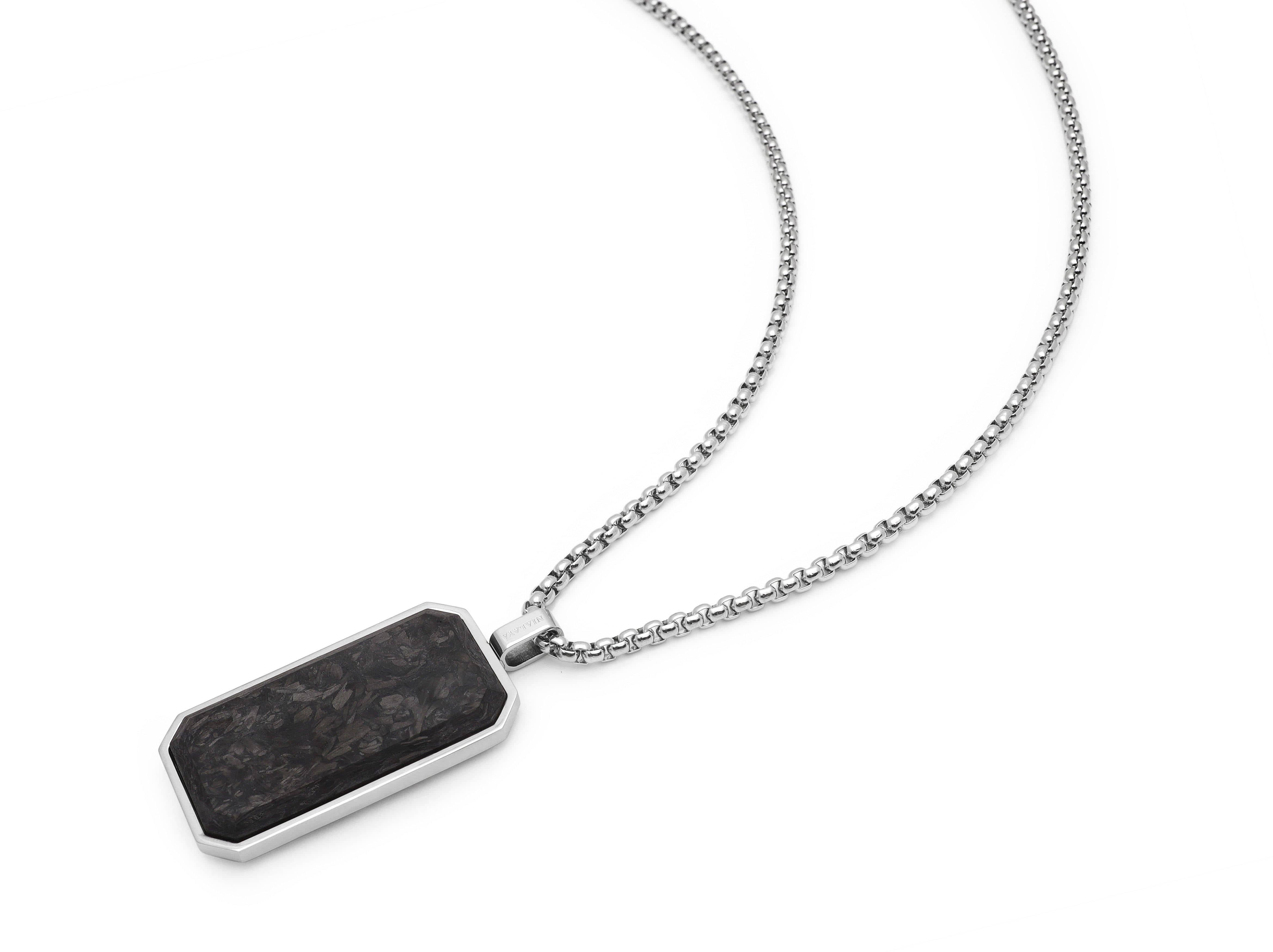 Nialaya Men's Necklace Men's Forged Carbon Fiber Dog Tag with Silver Chevron Detail