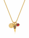 Men's Golden Talisman Necklace with Arrowhead, Red Ruby CZ Drop and Bee Pendant