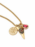 Nialaya Men's Necklace Men's Golden Talisman Necklace with Arrowhead, Red Ruby CZ Drop and Bee Pendant