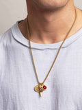Nialaya Men's Necklace Men's Golden Talisman Necklace with Arrowhead, Red Ruby CZ Drop and Bee Pendant