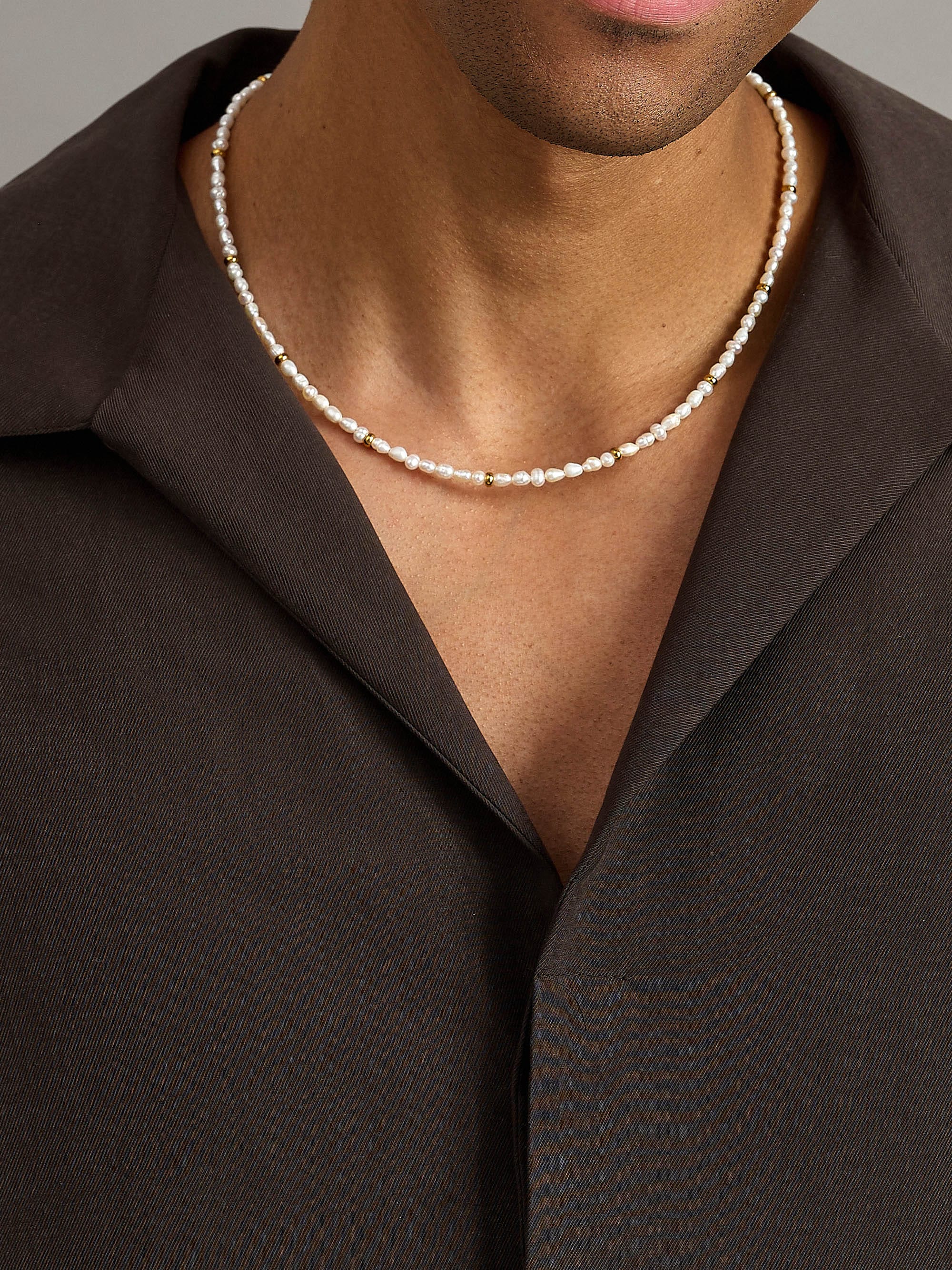 Nialaya Men's Necklace Men's Mini Pearl Necklace with Gold Plating Men's Mini Pearl Necklace with Gold Plating 18 Inches / 45.72 cm MNEC_225